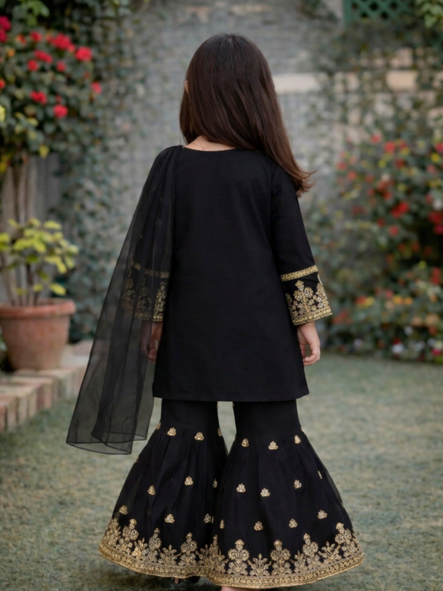 Black-Lumira Chiffon Embroidered Gharara-Elan
