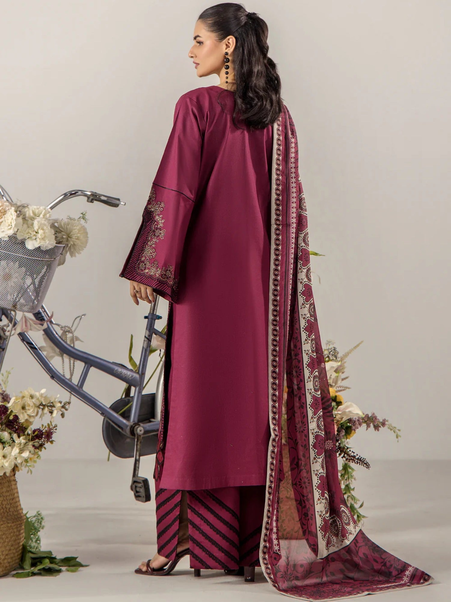 Maroon Sara Jahan Breeze Lawn'26 Embroidered Stitched 3-Piece Suit-SJ-1087
