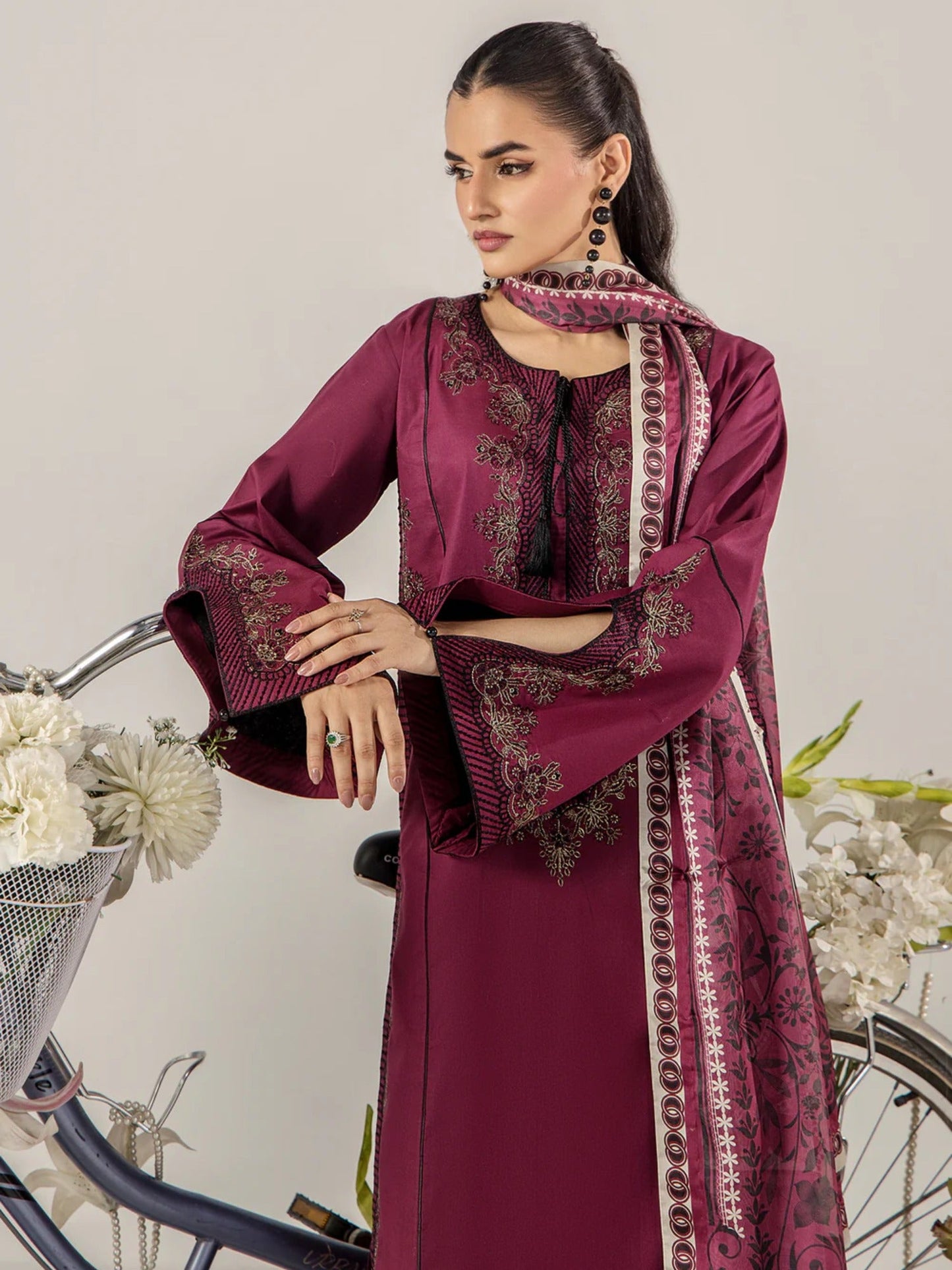 Maroon Sara Jahan Breeze Lawn'26 Embroidered Stitched 3-Piece Suit-SJ-1087