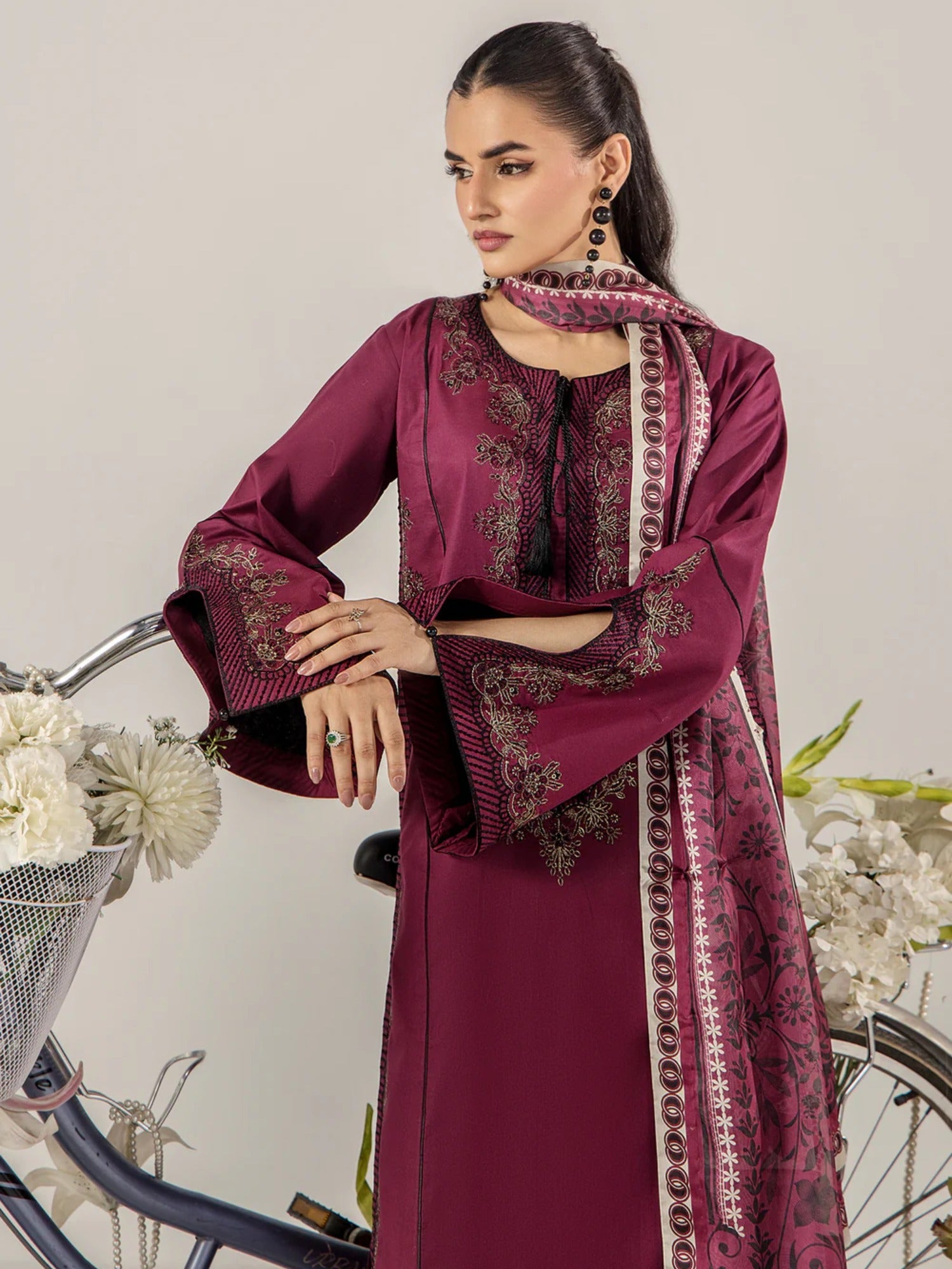 Maroon Sara Jahan Breeze Lawn'26 Embroidered Stitched 3-Piece Suit-SJ-1087