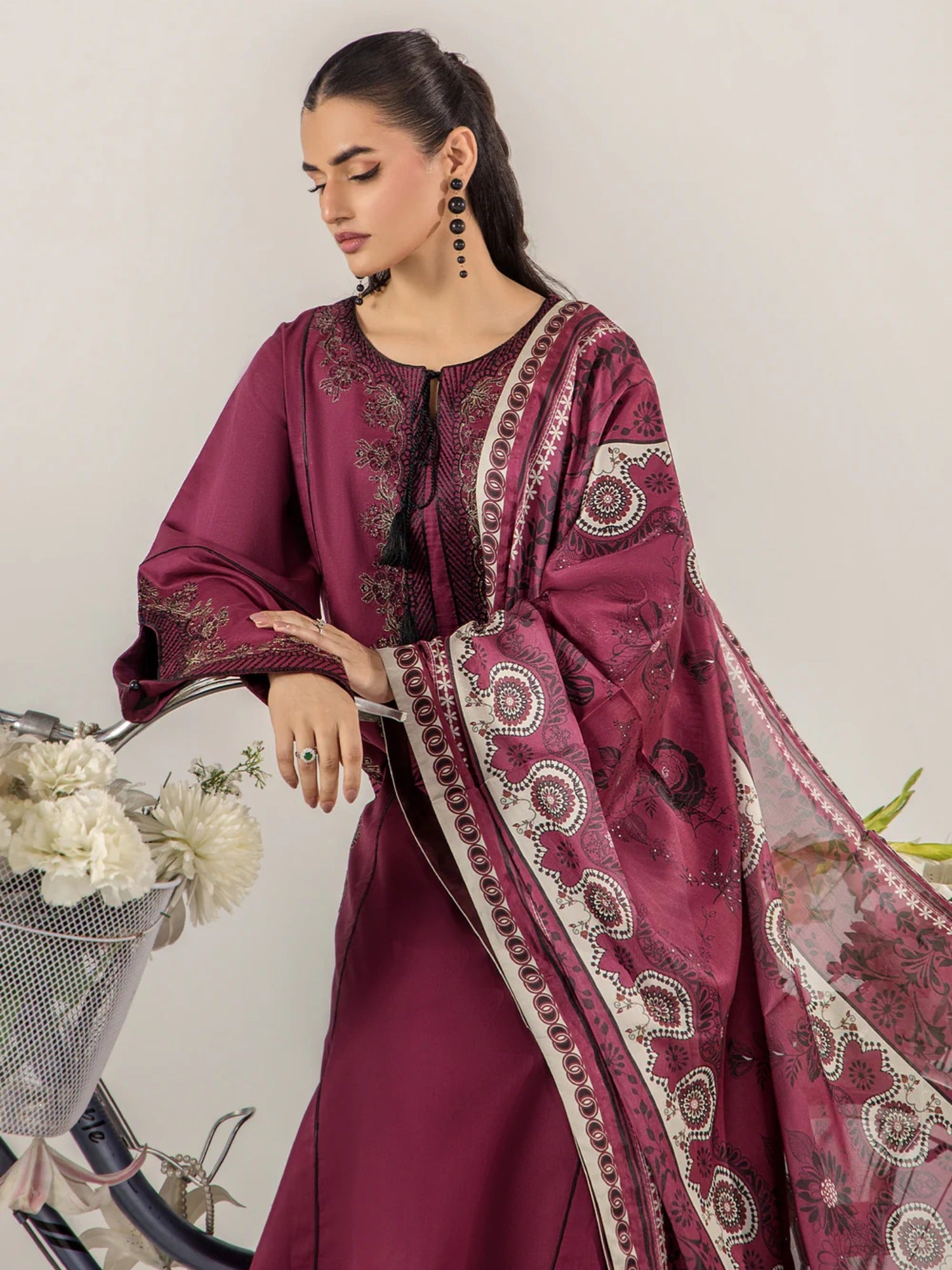 Maroon Sara Jahan Breeze Lawn'26 Embroidered Stitched 3-Piece Suit-SJ-1087