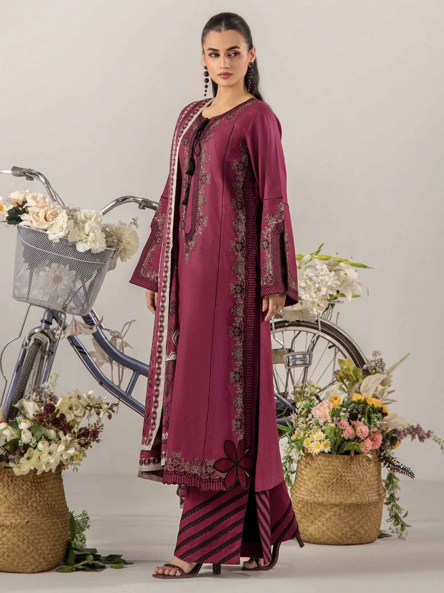 Maroon Sara Jahan Breeze Lawn'26 Embroidered Stitched 3-Piece Suit-SJ-1087