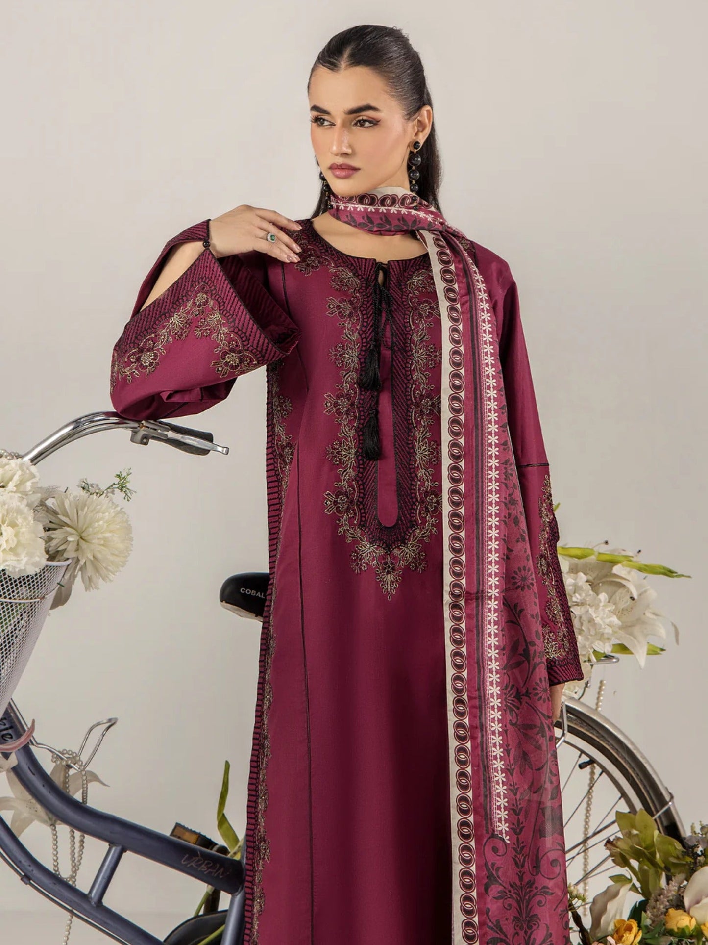 Maroon Sara Jahan Breeze Lawn'26 Embroidered Stitched 3-Piece Suit-SJ-1087