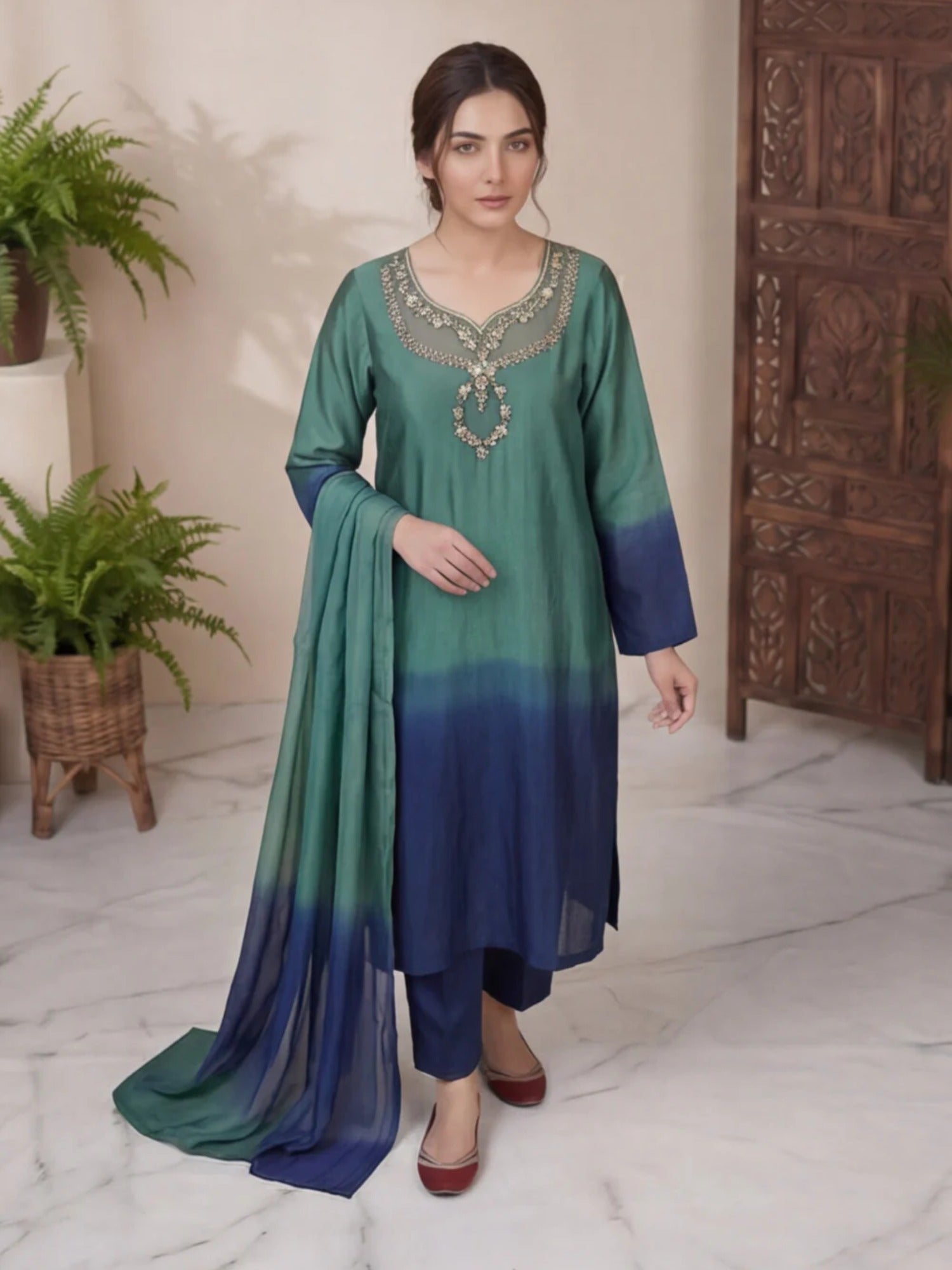 Sara Jahan Silk Embellished Stitched 3-Piece Suit-SJ-203