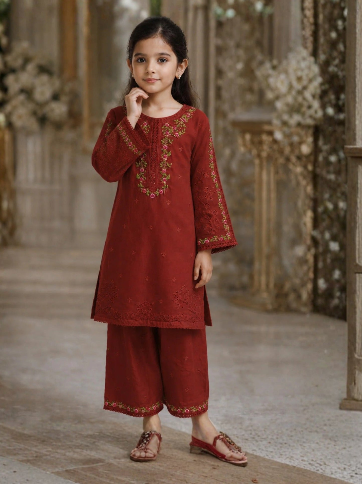 Maroon-Lumira Cotton Embroidered Stitched 3-Piece Suit-Zoe Kids