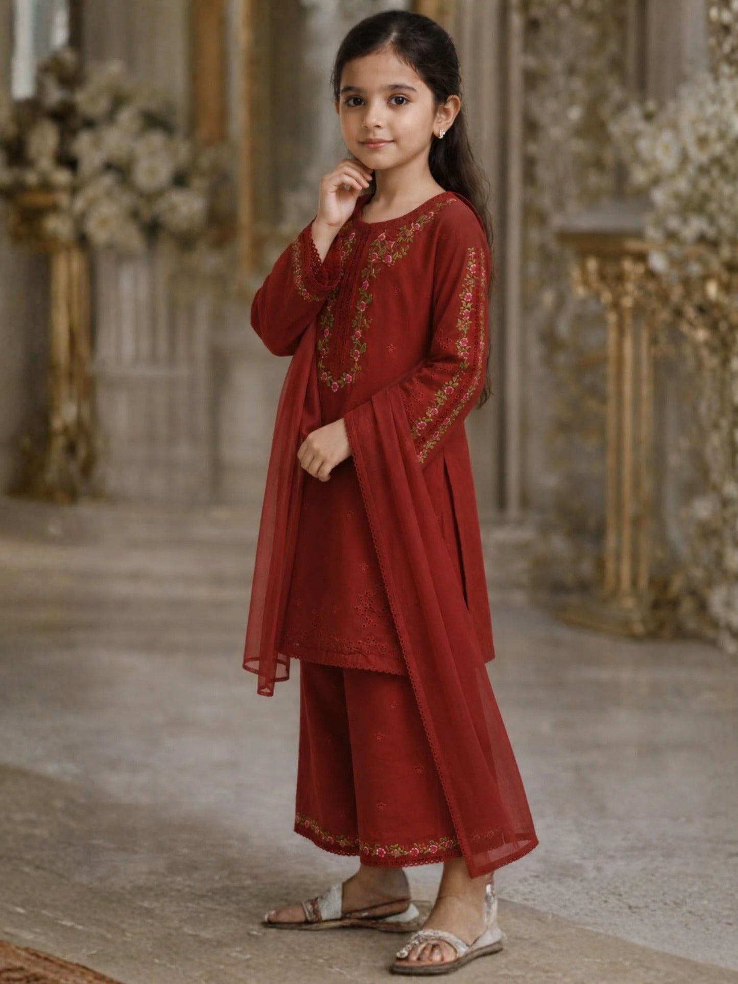 Maroon-Lumira Cotton Embroidered Stitched 3-Piece Suit-Zoe Kids