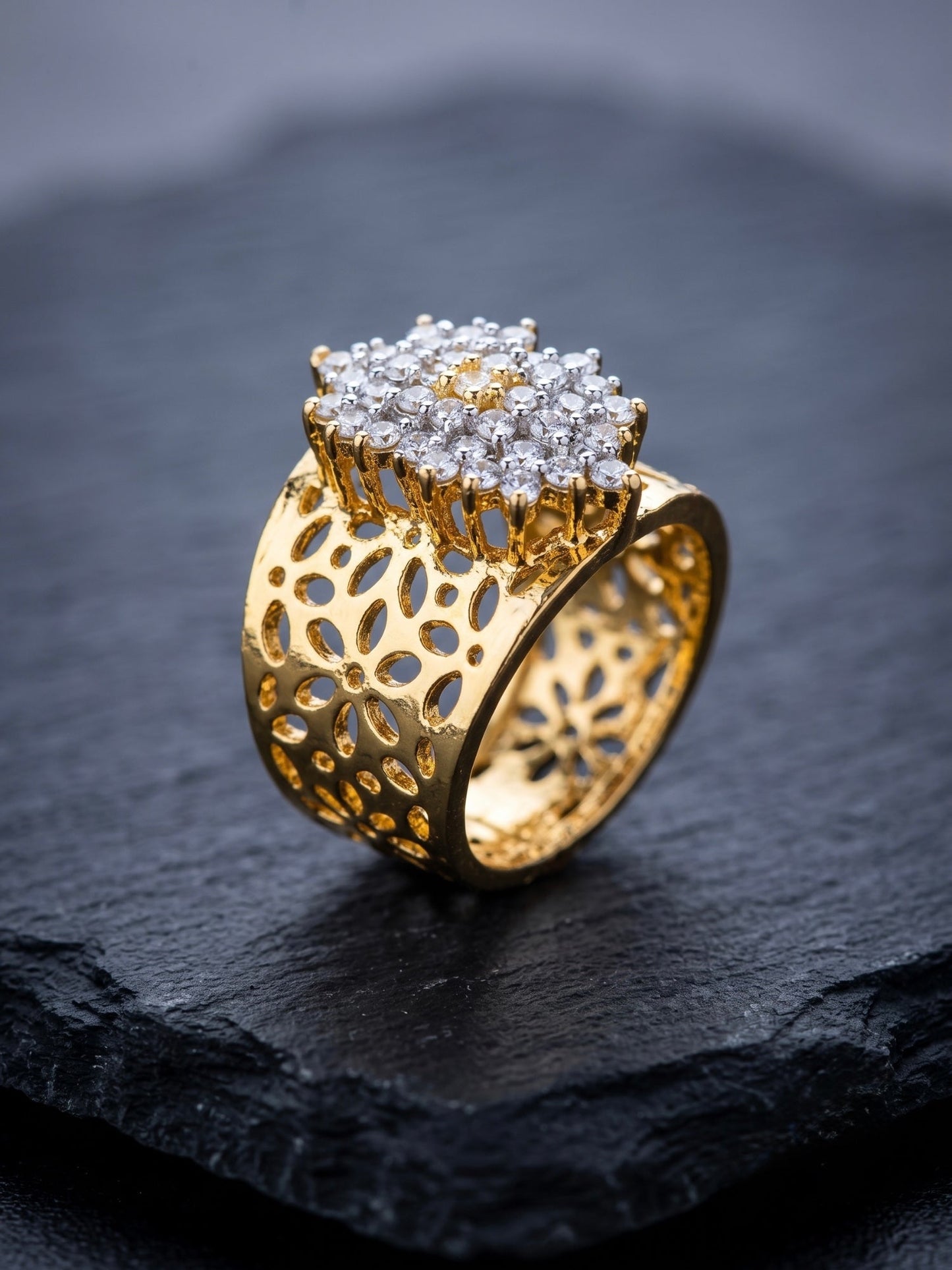 Orya Jewellery Zircon Gold Cutwork Adjustable Ring-White R31