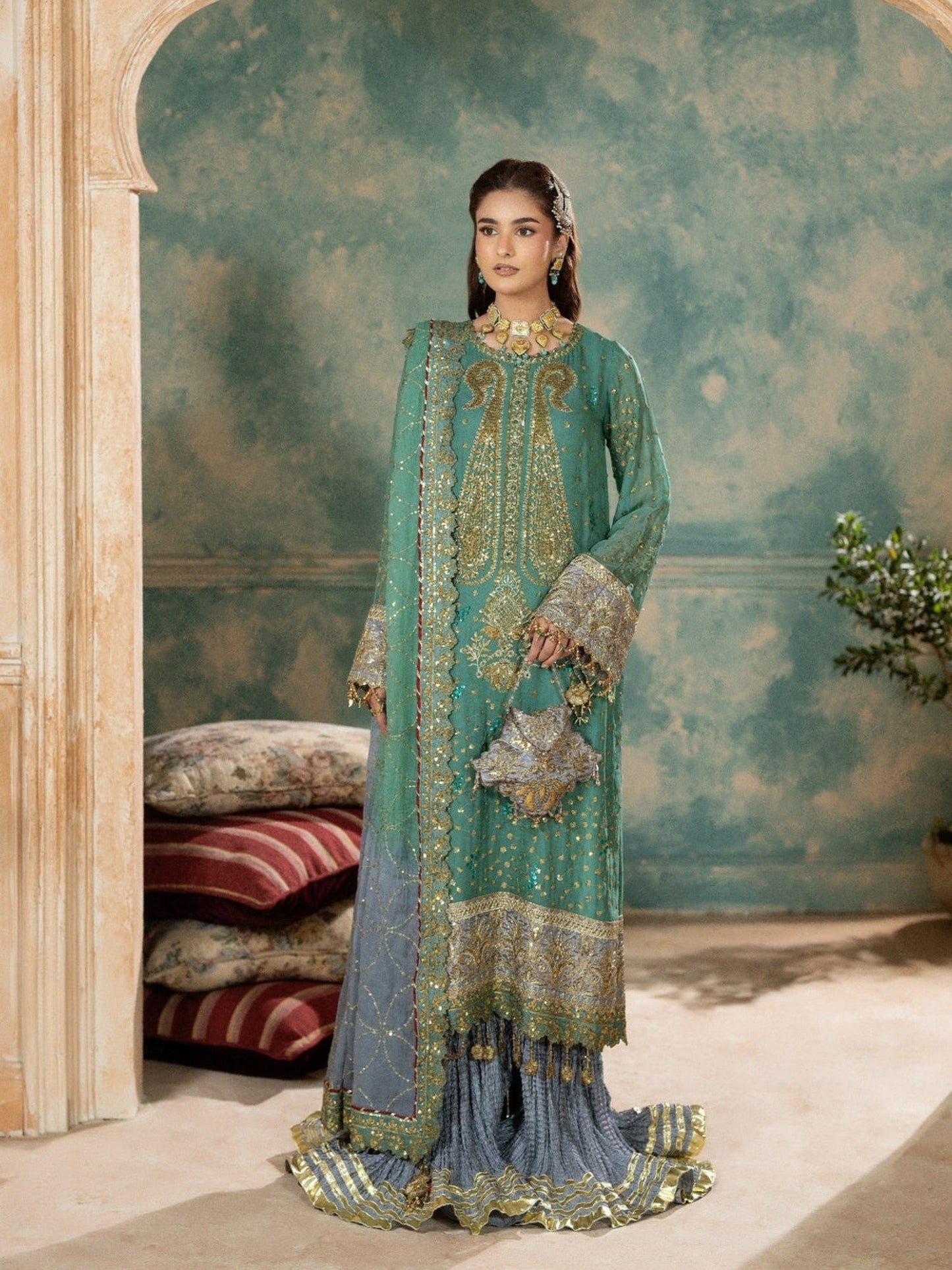 Green Sara Jahan Chiffon Embroidered Sharara-SJ-1022