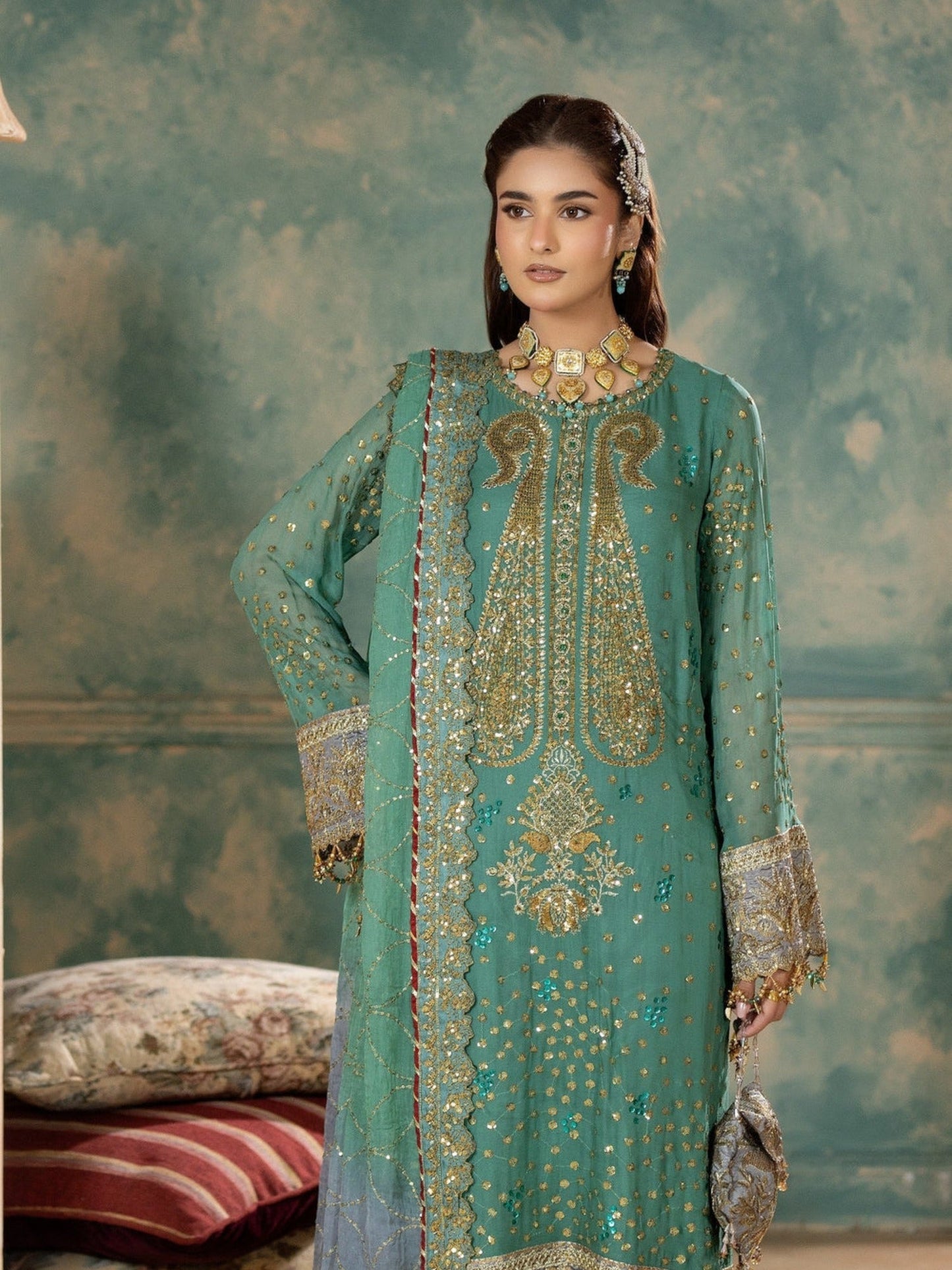 Green Sara Jahan Chiffon Embroidered Sharara-SJ-1022