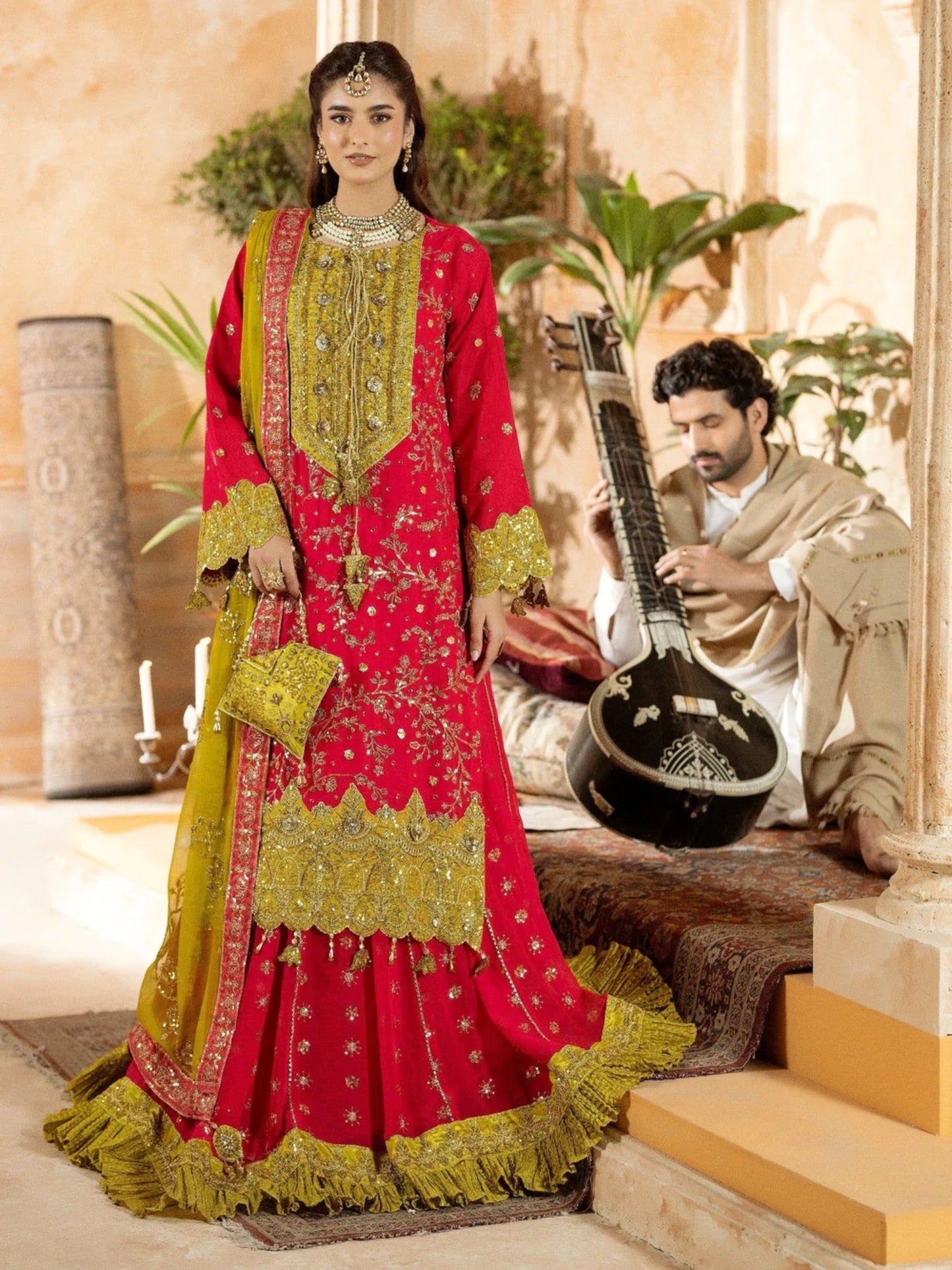 Red Sara Jahan Chiffon Embroidered Lehenga Set-SJ-1029