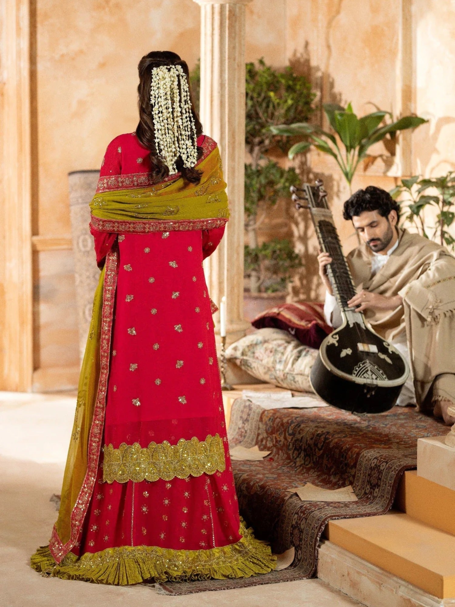 Red Sara Jahan Chiffon Embroidered Lehenga Set-SJ-1029