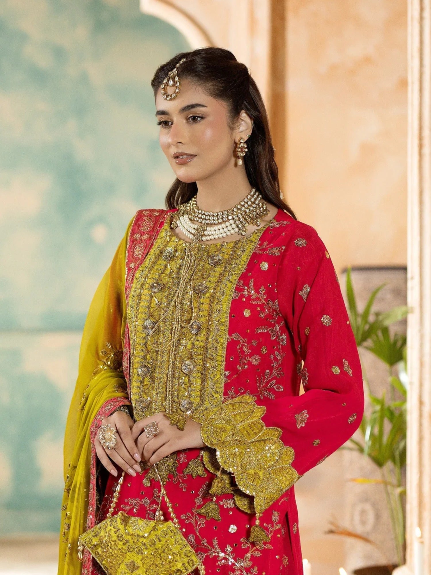 Red Sara Jahan Chiffon Embroidered Lehenga Set-SJ-1029