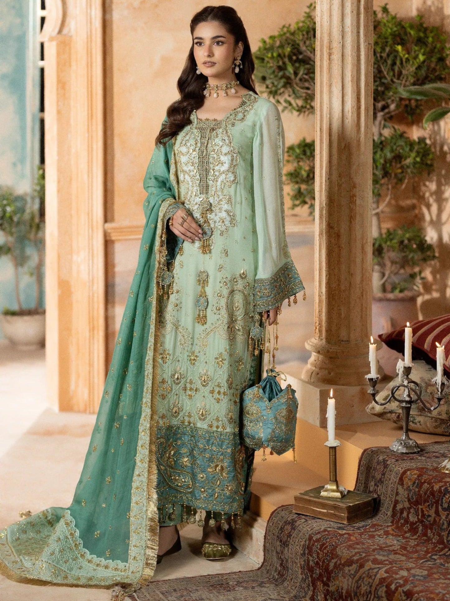Green Sara Jahan Chiffon Embroidered Stitched 4-Piece Suit-SJ-1021