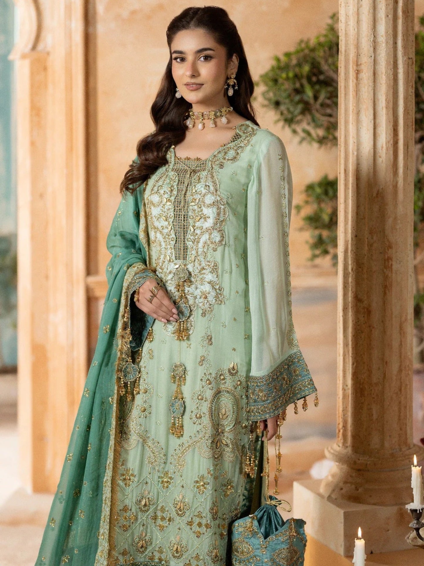 Green Sara Jahan Chiffon Embroidered Stitched 4-Piece Suit-SJ-1021