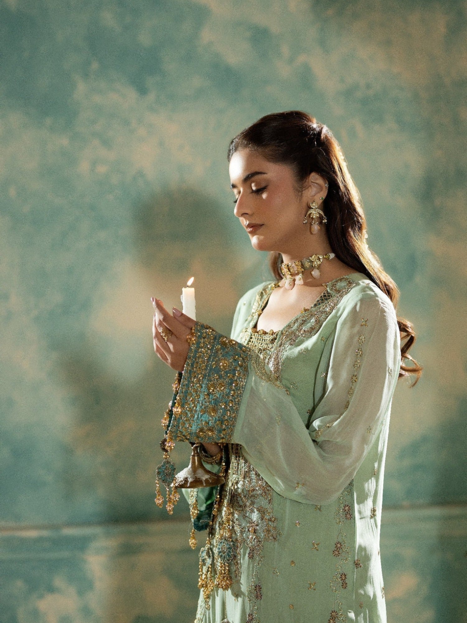 Green Sara Jahan Chiffon Embroidered Stitched 4-Piece Suit-SJ-1021