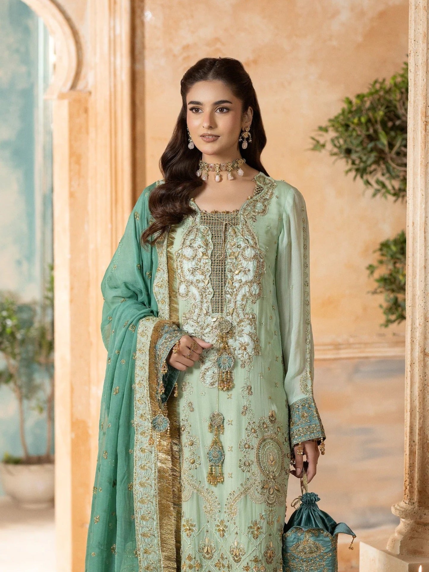 Green Sara Jahan Chiffon Embroidered Stitched 4-Piece Suit-SJ-1021