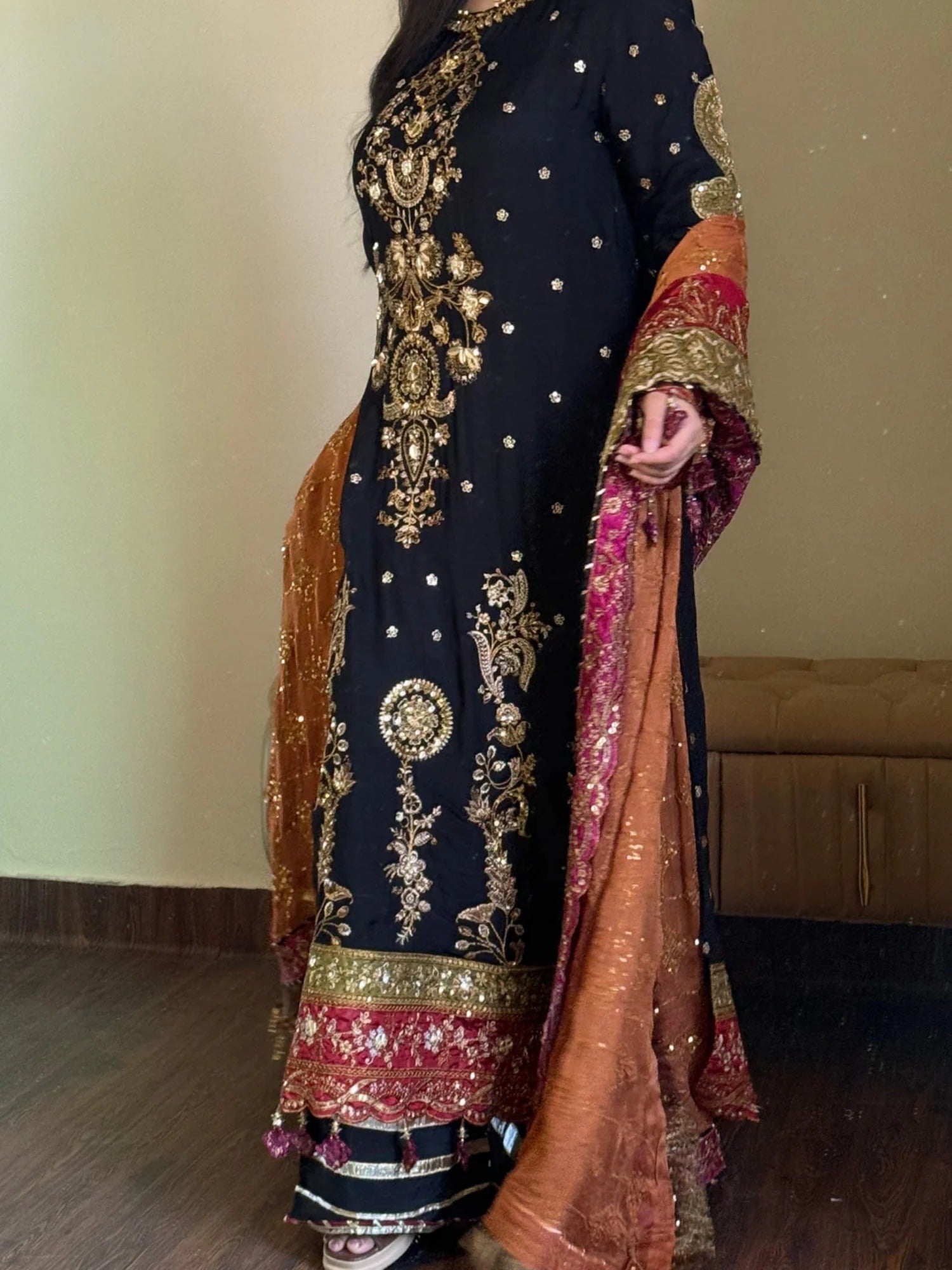 Black Sara Jahan Chiffon Embroidered Stitched 4-Piece Suit-SJ-1019