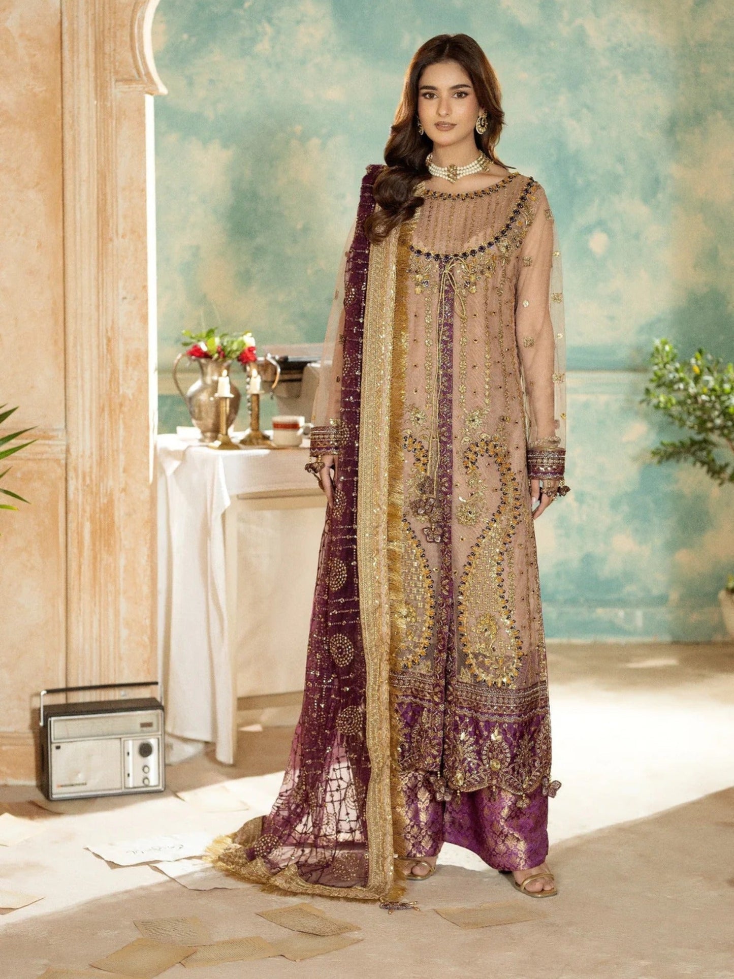 Peach Sara Jahan Net Embroidered Stitched 4-Piece Suit-SJ-1028