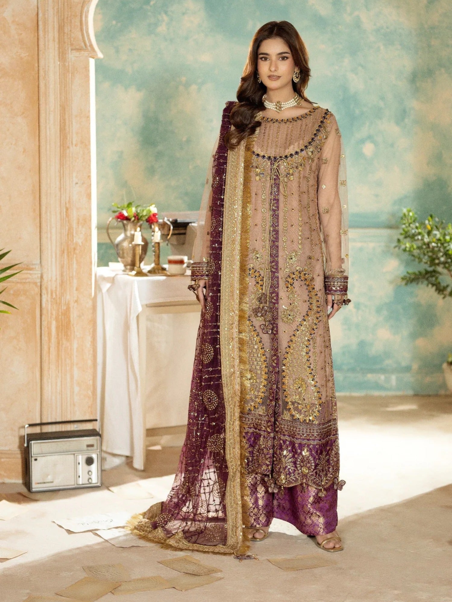 Peach Sara Jahan Net Embroidered Stitched 4-Piece Suit-SJ-1028