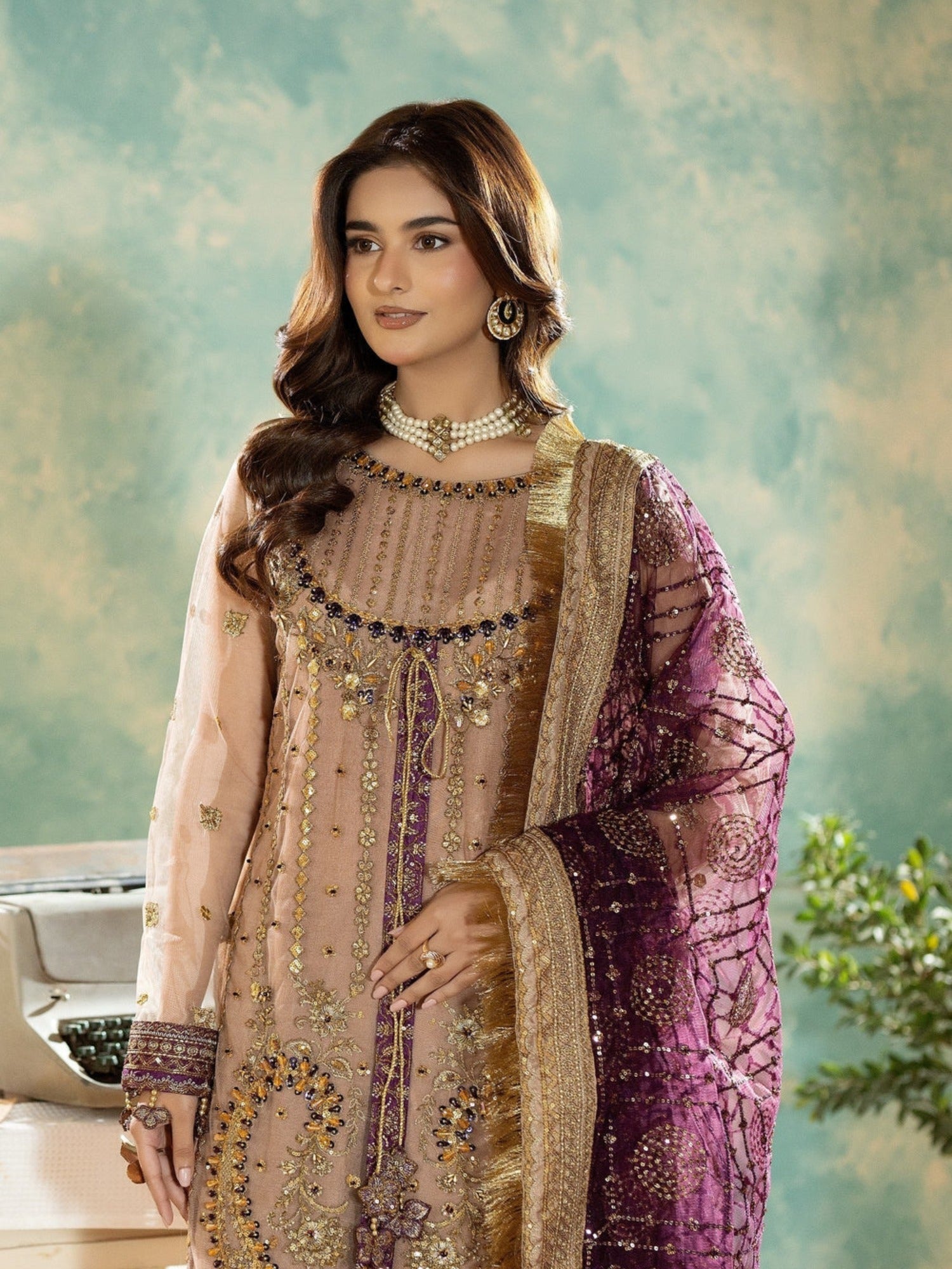 Peach Sara Jahan Net Embroidered Stitched 4-Piece Suit-SJ-1028
