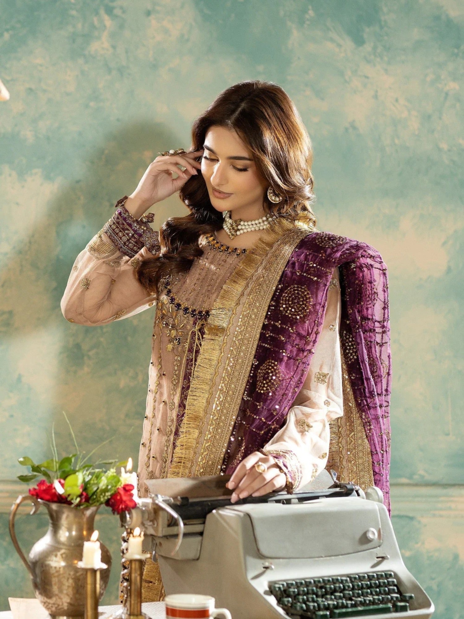 Peach Sara Jahan Net Embroidered Stitched 4-Piece Suit-SJ-1028