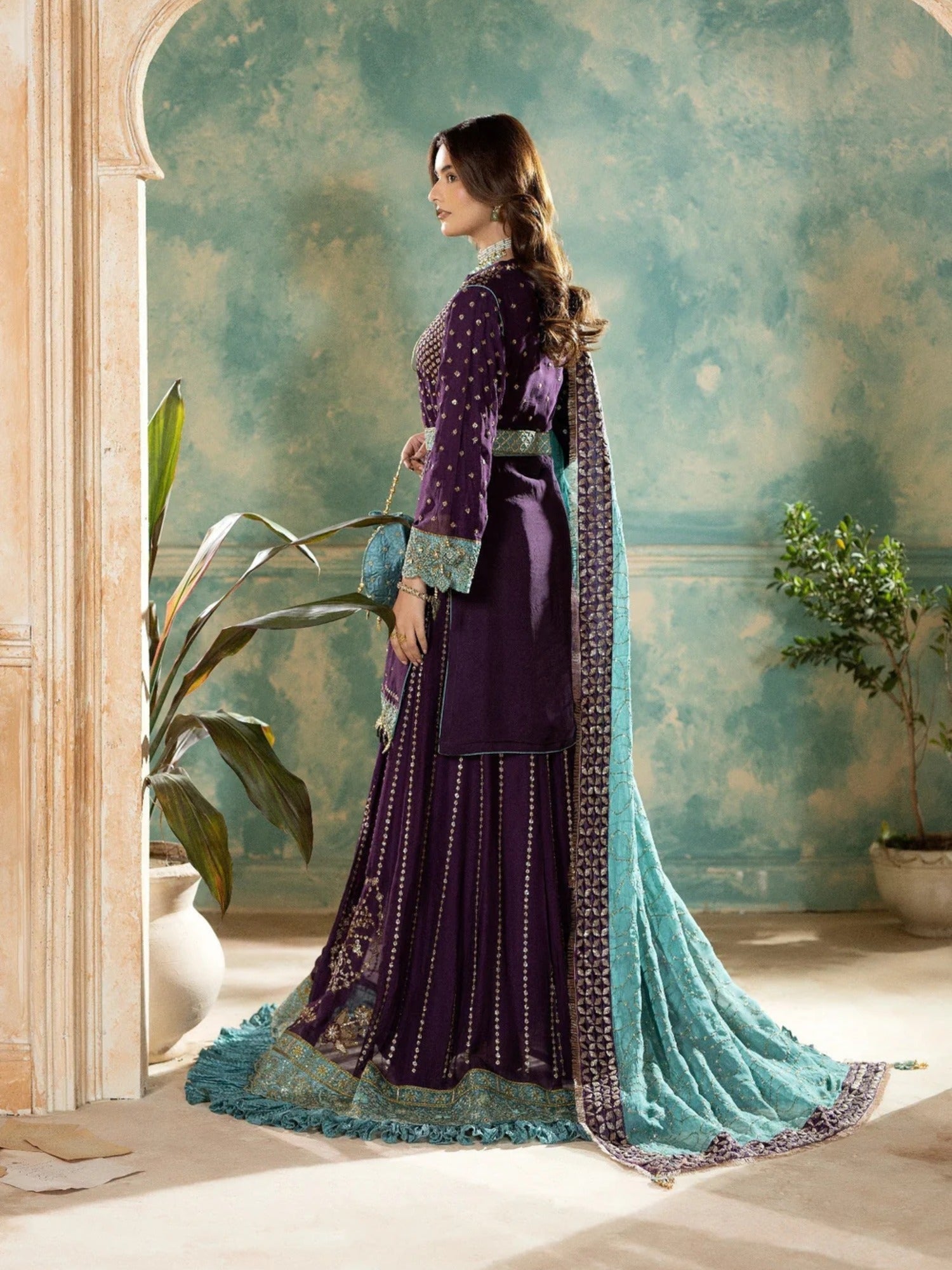 Purple Sara Jahan Chiffon Embroidered Lehenga Set-SJ-1023