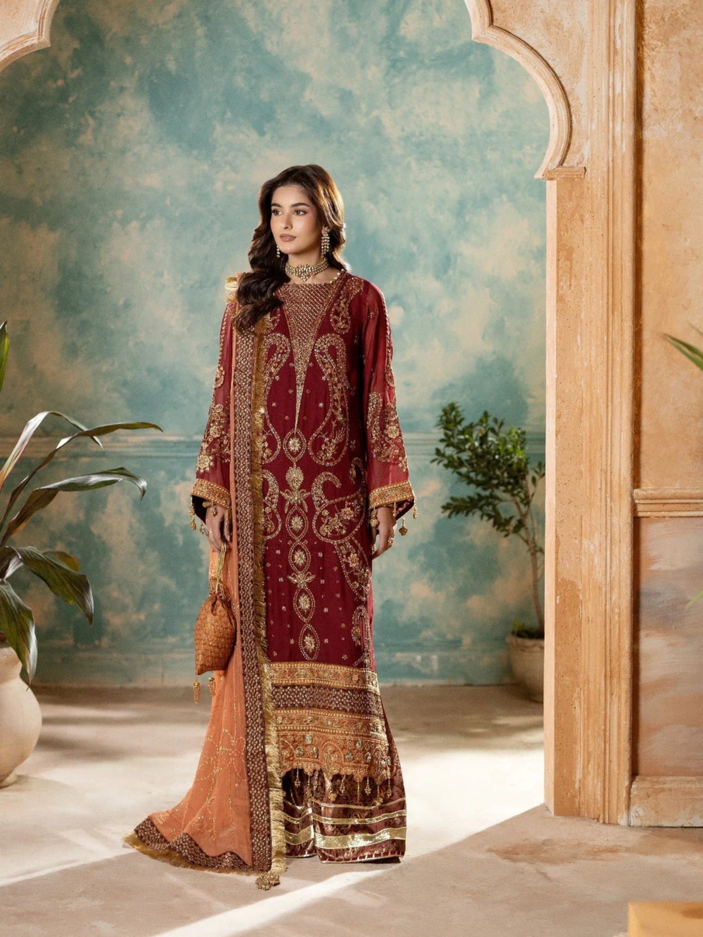 Maroon Sara Jahan Chiffon Embroidered Stitched 4-Piece Suit-SJ-1025