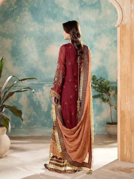 Maroon Sara Jahan Chiffon Embroidered Stitched 4-Piece Suit-SJ-1025