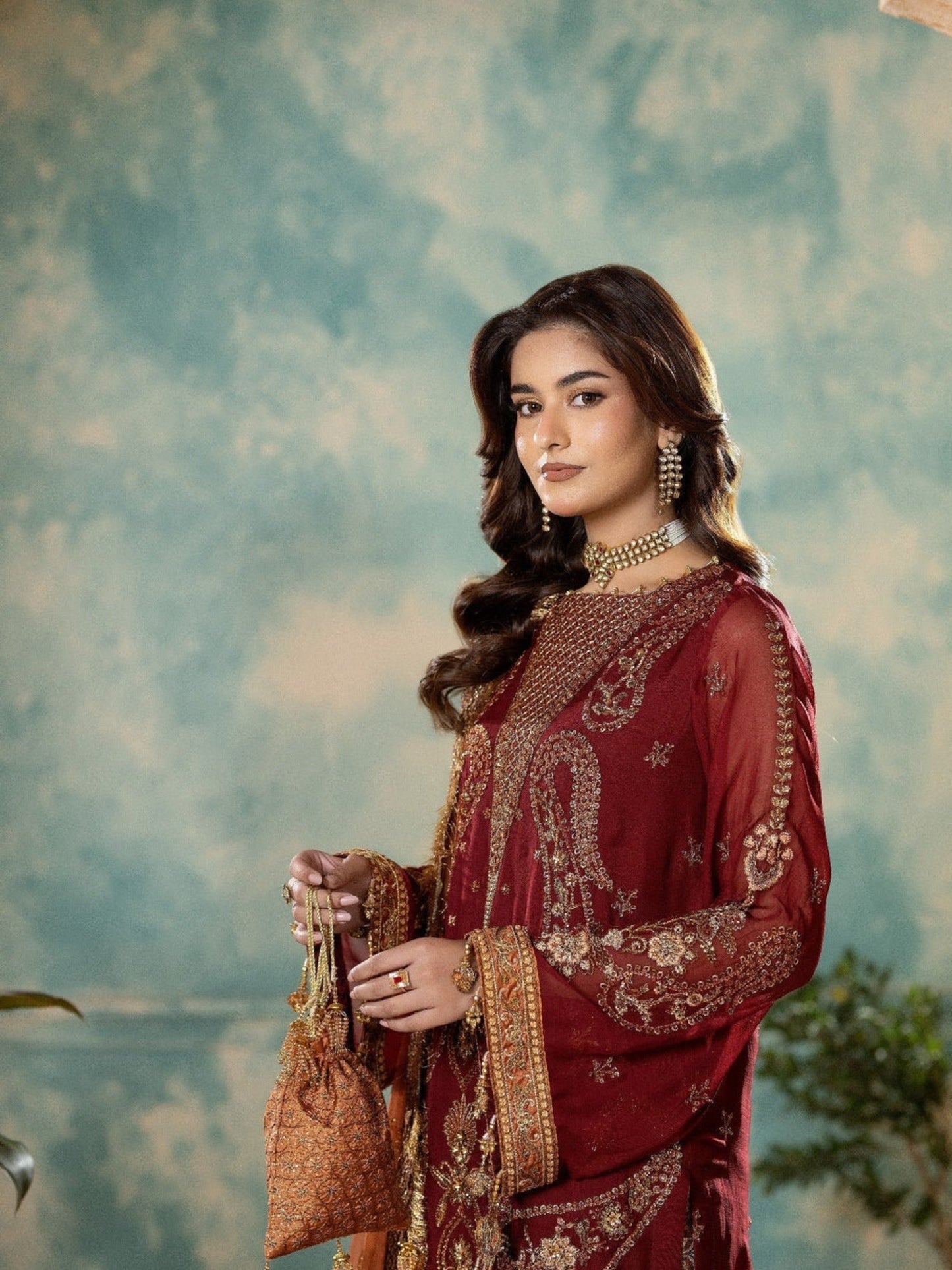Maroon Sara Jahan Chiffon Embroidered Stitched 4-Piece Suit-SJ-1025