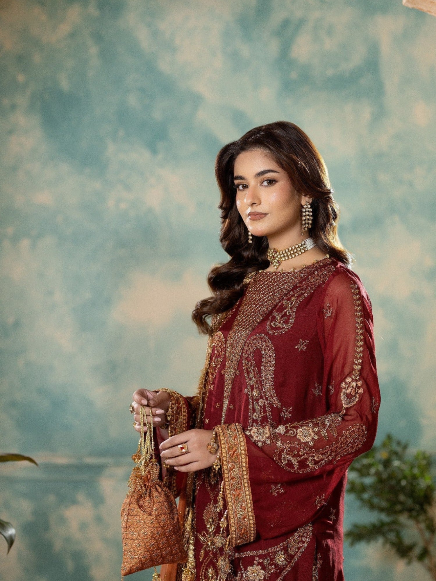 Maroon Sara Jahan Chiffon Embroidered Stitched 4-Piece Suit-SJ-1025