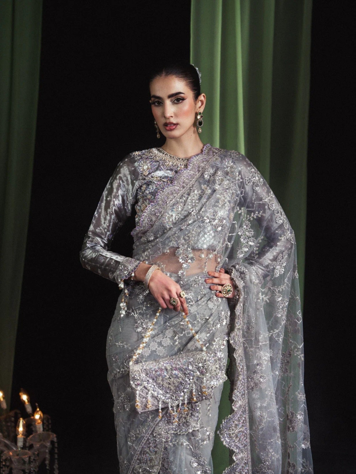 Silver Sara Jahan Net Embroidered Saree-AD-006