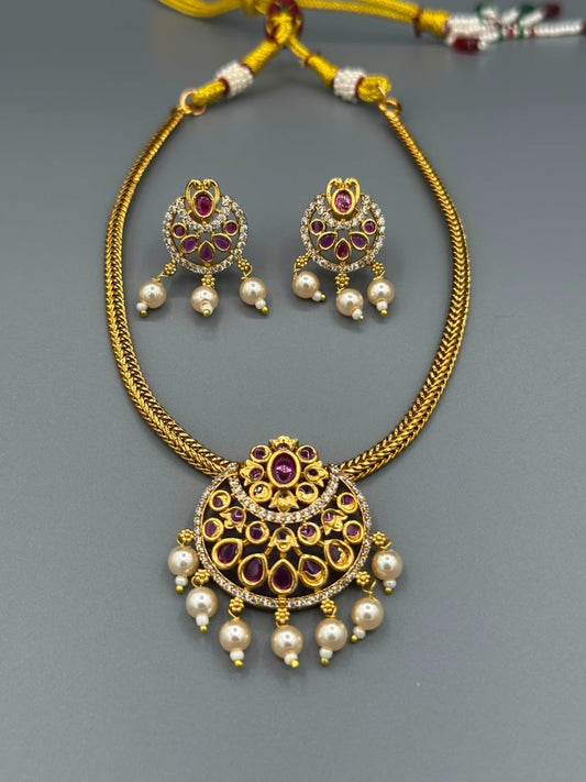 Golden and Pink-H&A Jewellery Gold-Plated Polki Jewellery Set 