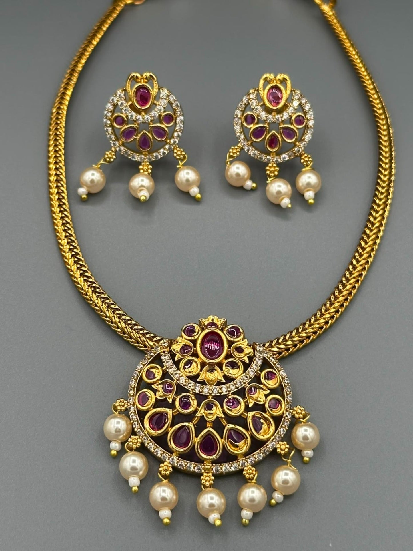 Golden and Pink-H&A Jewellery Gold-Plated Polki Jewellery Set 