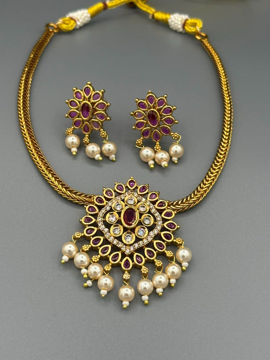 Golden and Pink-H&A Jewellery Gold-Plated Polki Jewellery Set 