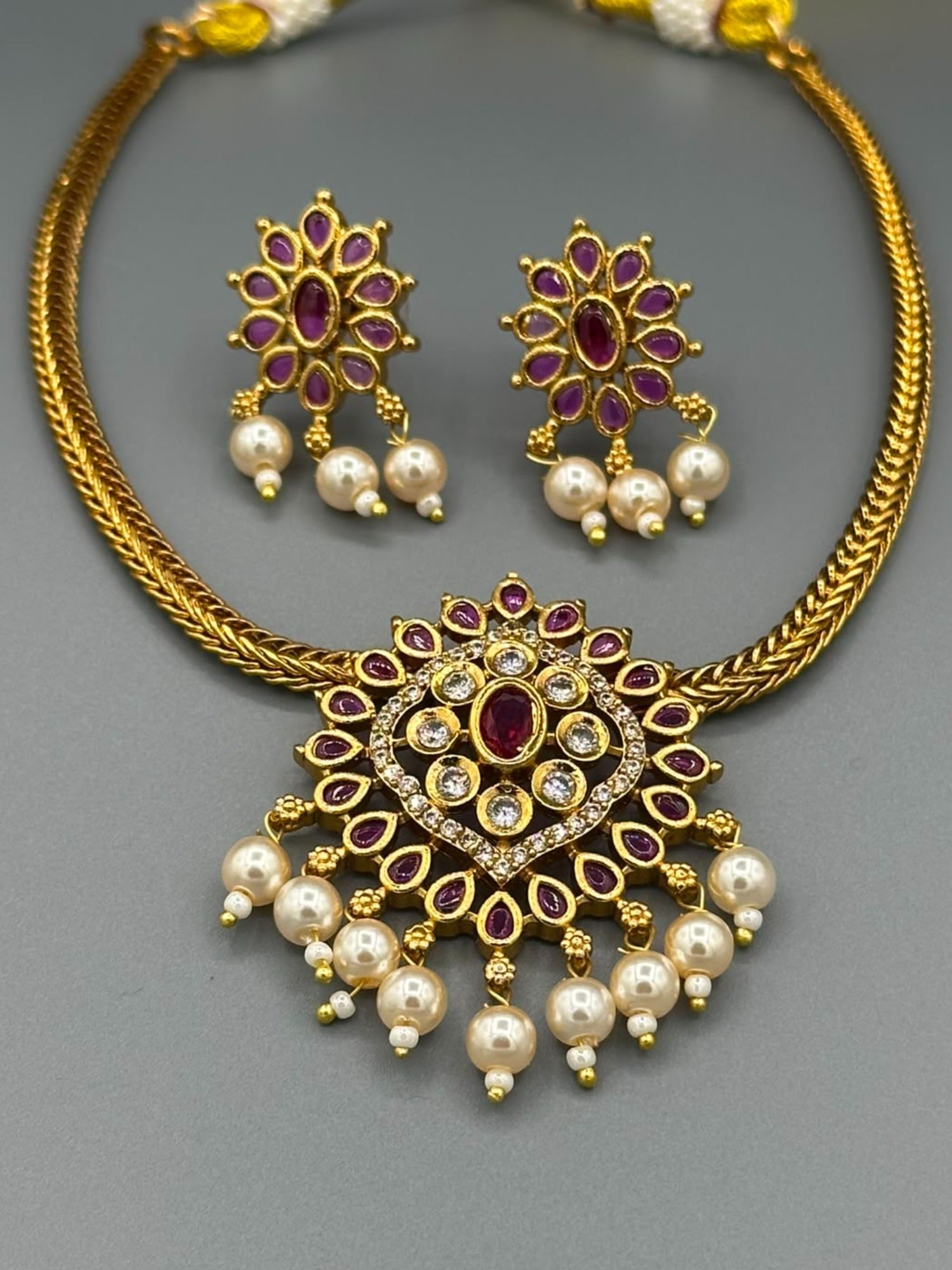 Golden and Pink-H&A Jewellery Gold-Plated Polki Jewellery Set 