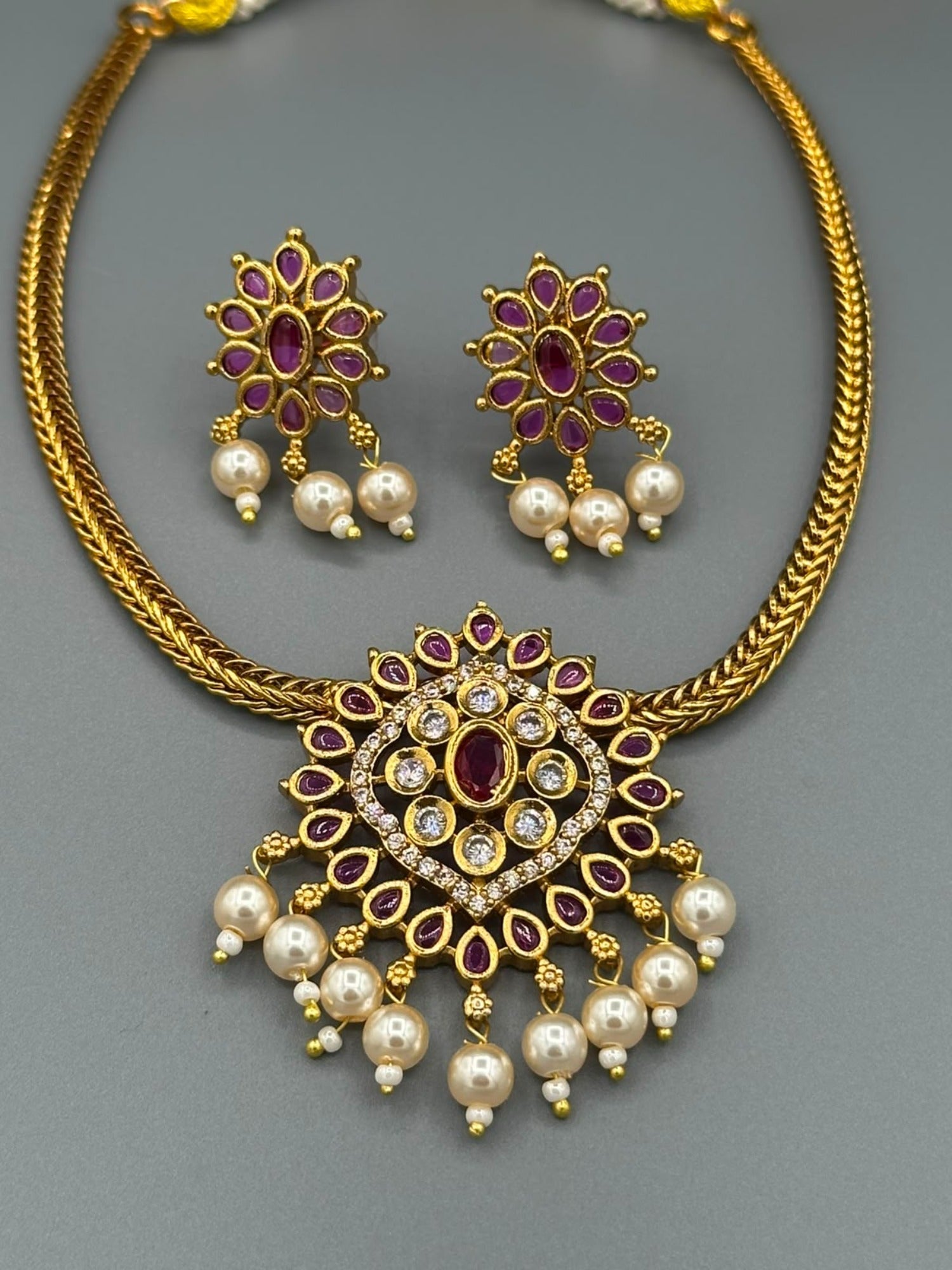 Golden and Pink-H&A Jewellery Gold-Plated Polki Jewellery Set 