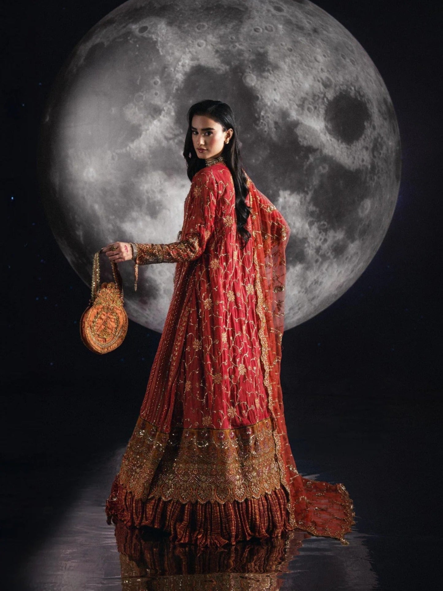 Orange Sara Jahan Chiffon Embroidered Lehenga Set-AD-005