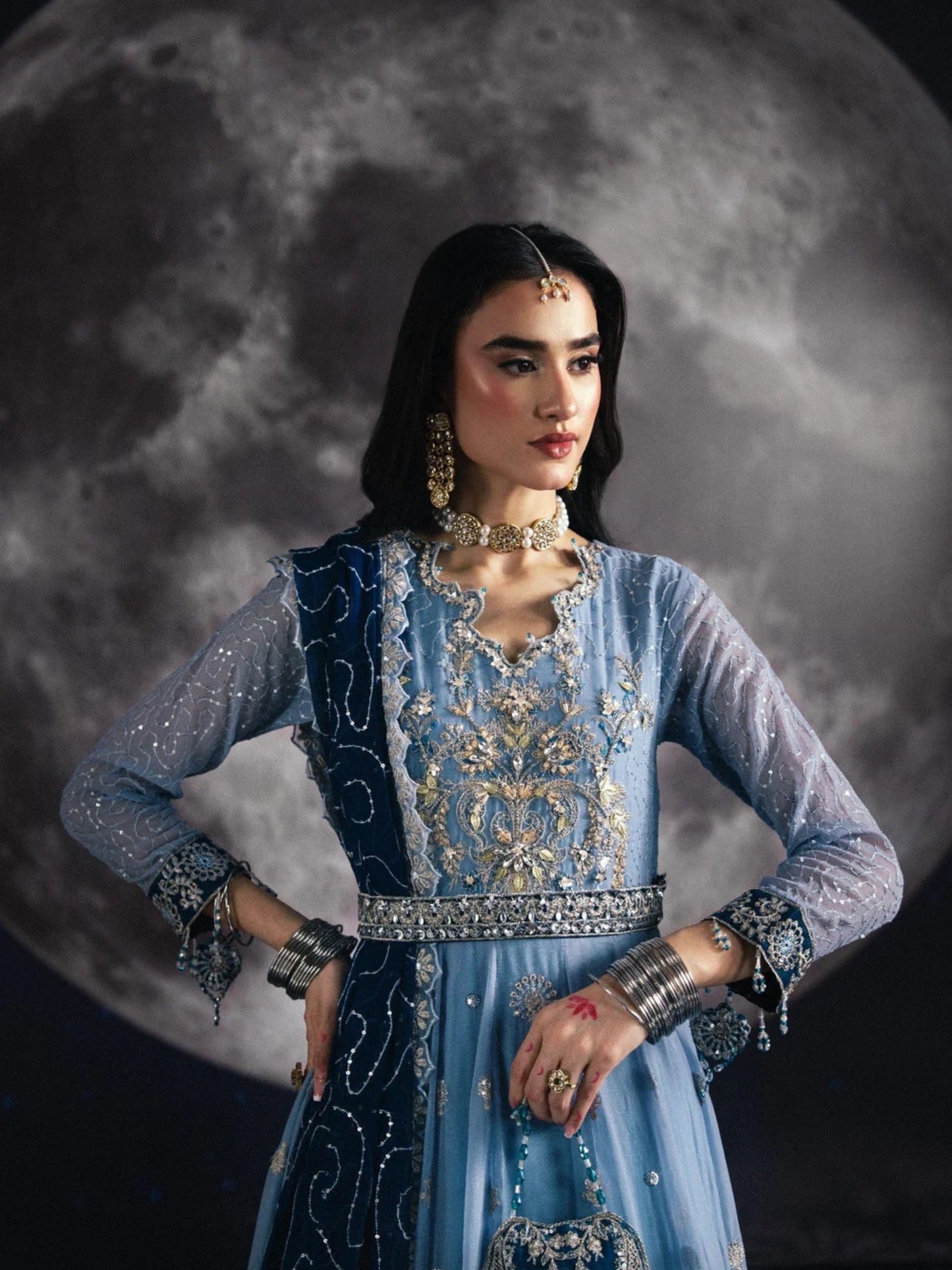 Blue Sara Jahan Chiffon Embroidered Maxi-SJ-1008