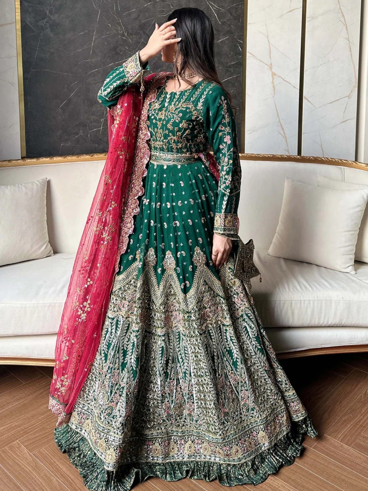 Green Sara Jahan Chiffon Embroidered Maxi-AD-002