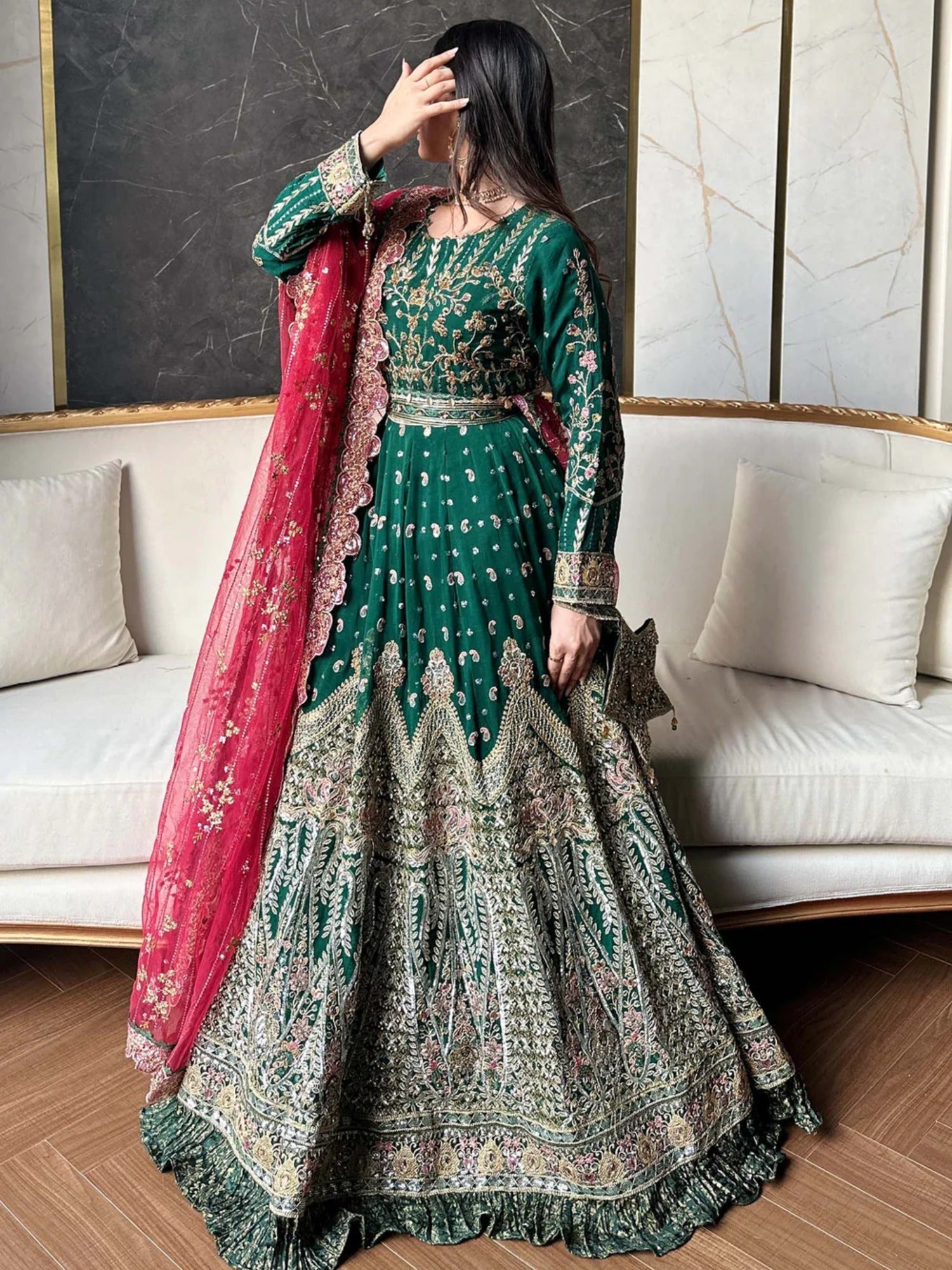 Green Sara Jahan Chiffon Embroidered Maxi-AD-002
