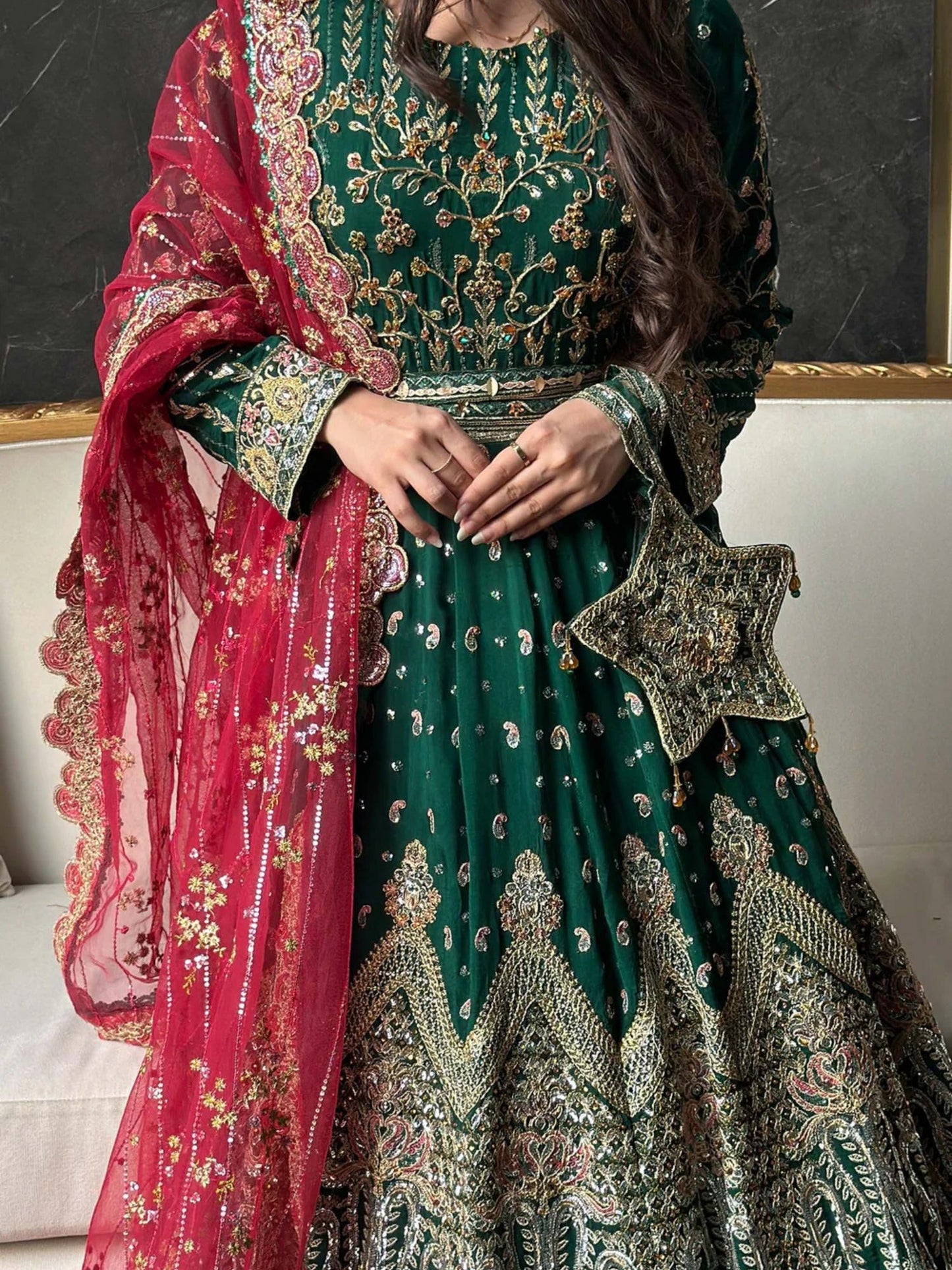 Green Sara Jahan Chiffon Embroidered Maxi-AD-002