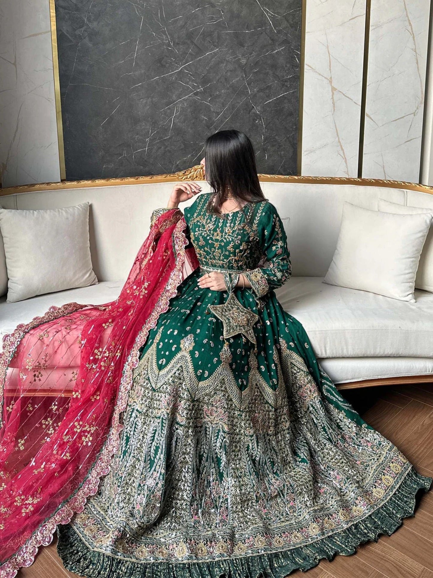 Green Sara Jahan Chiffon Embroidered Maxi-AD-002
