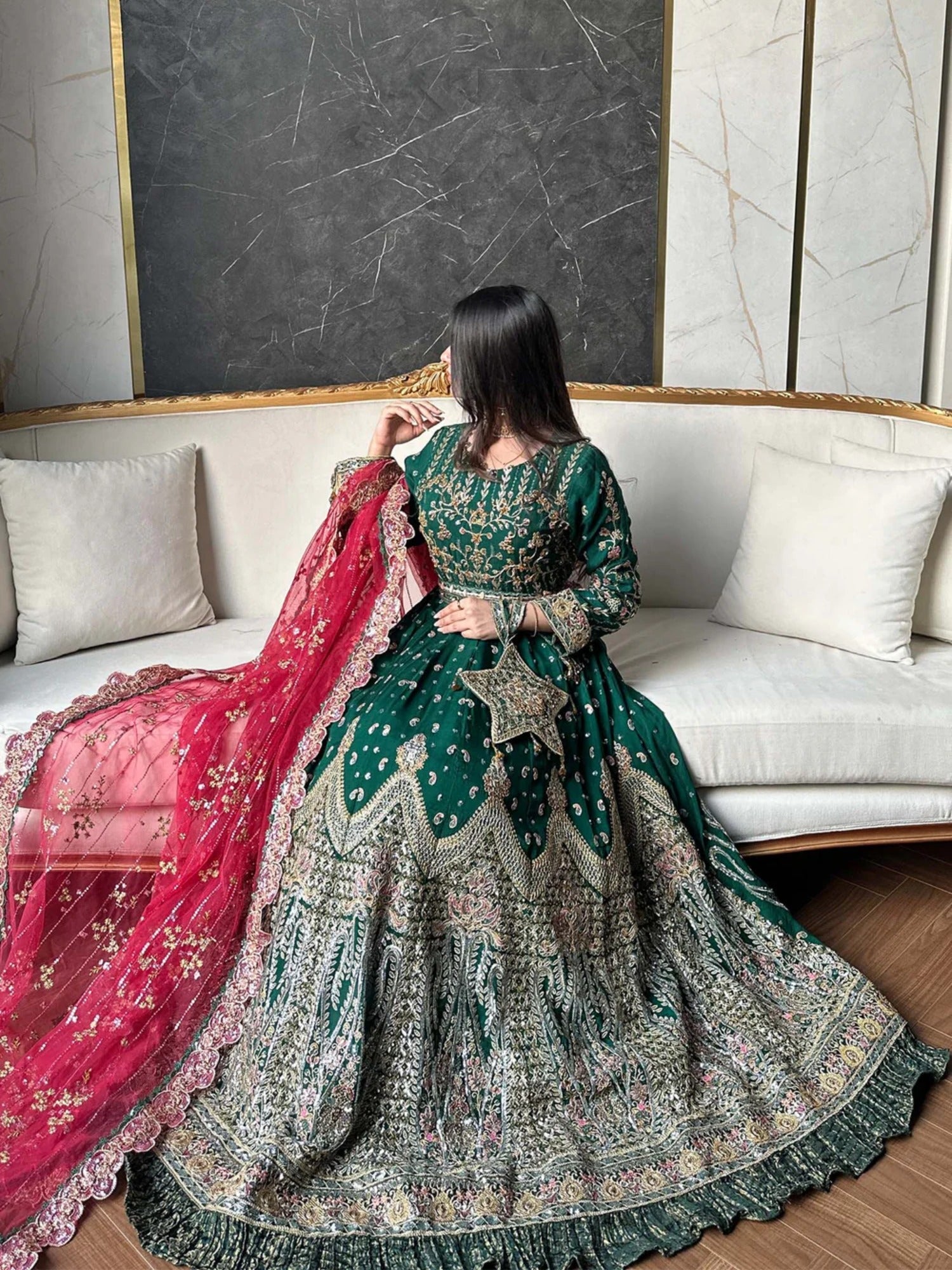 Green Sara Jahan Chiffon Embroidered Maxi-AD-002