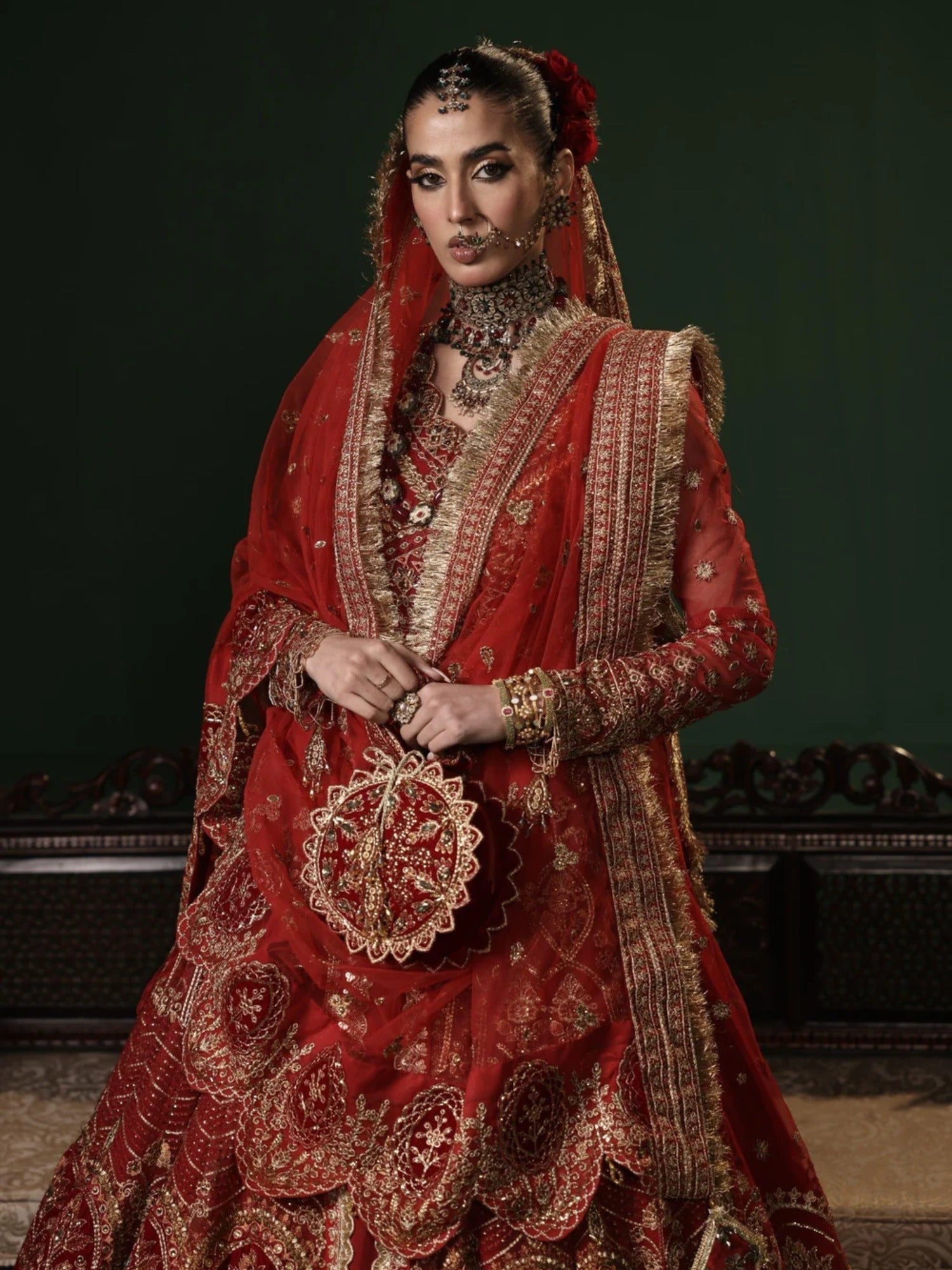 Red Sara Jahan Net Embroidered Lehenga Set-Aylin