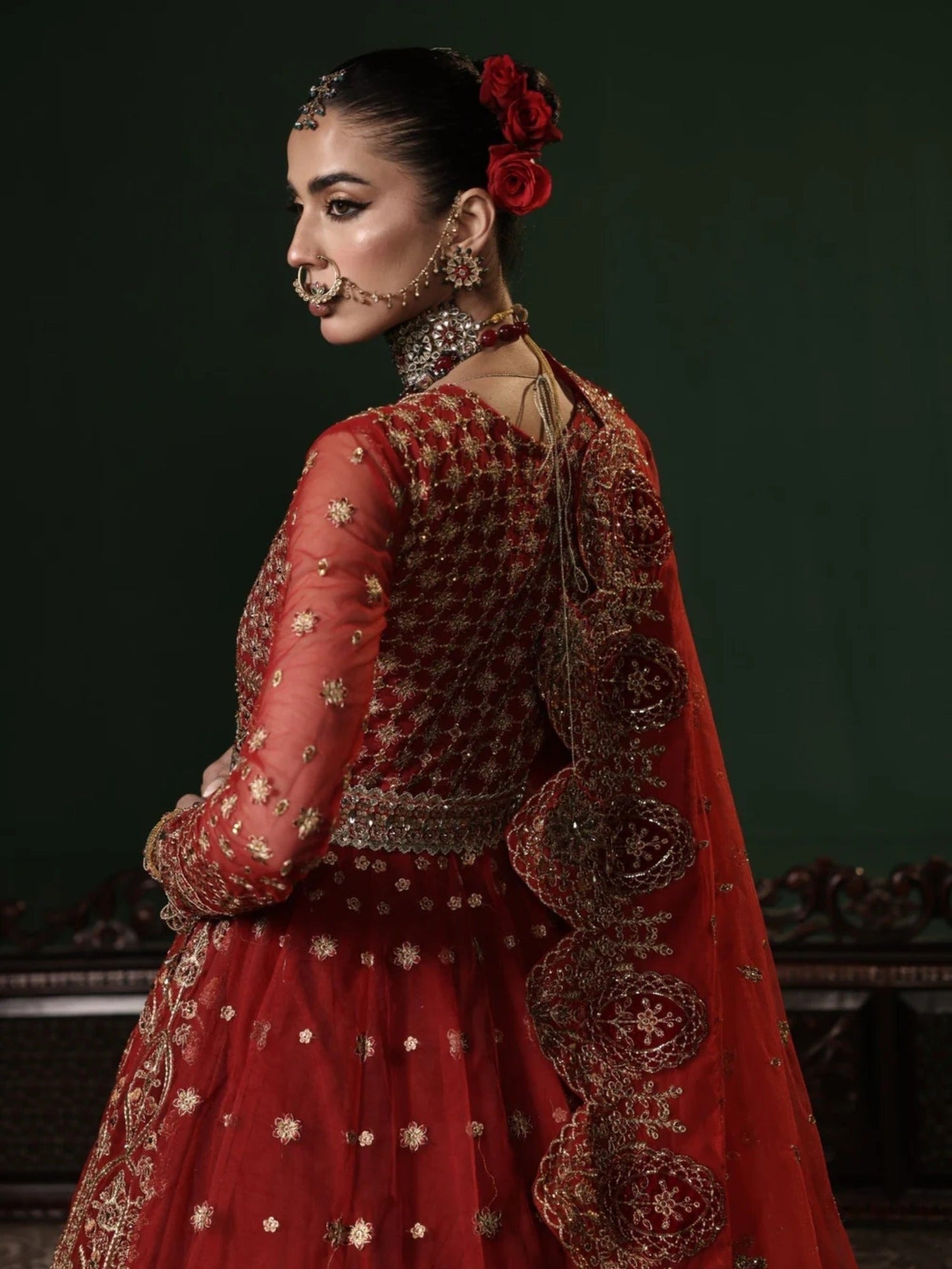 Red Sara Jahan Net Embroidered Lehenga Set-Aylin