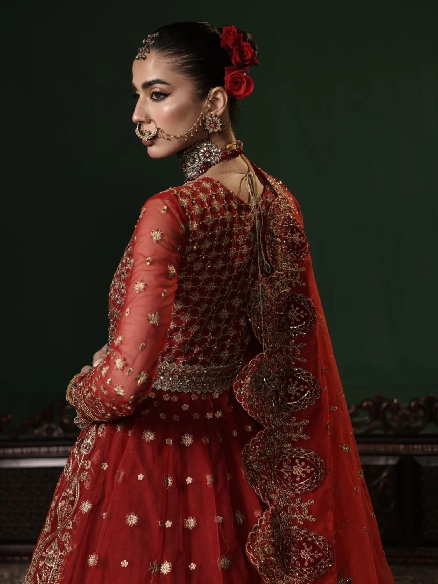 Red Sara Jahan Net Embroidered Lehenga Set-Aylin