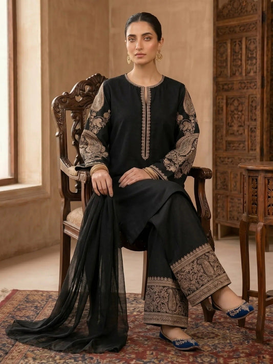 Black-Dua's Boutique Lawn Embroidered Stitched 3-Piece Suit-Ayra Noir