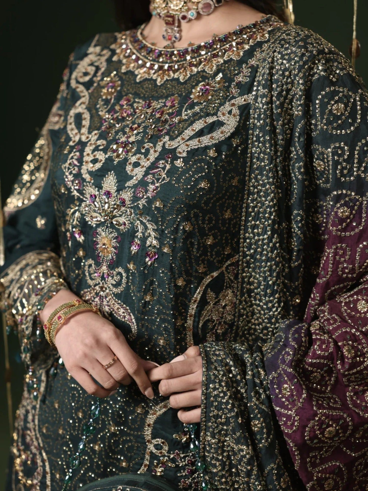 Green Sara Jahan Silk Embroidered Sharara-Sitara