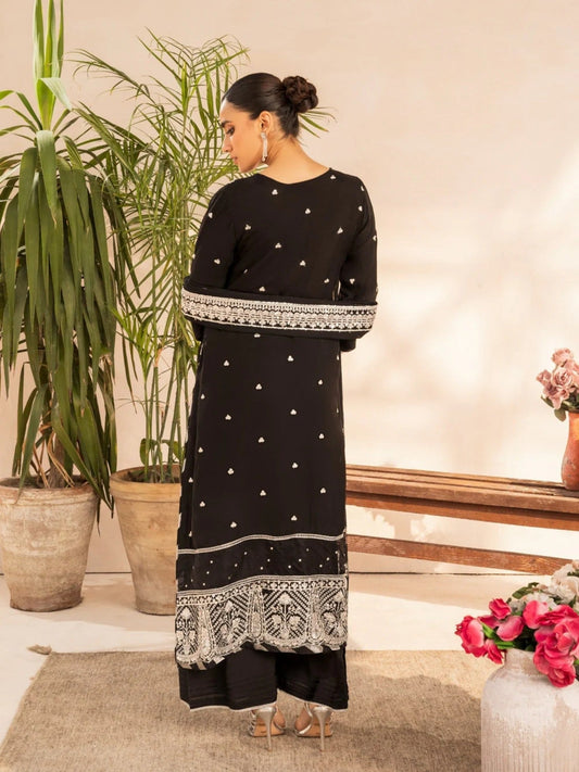 Black Sara Jahan Georgette Chiffon Embroidered Stitched 3-Piece Suit-Komal