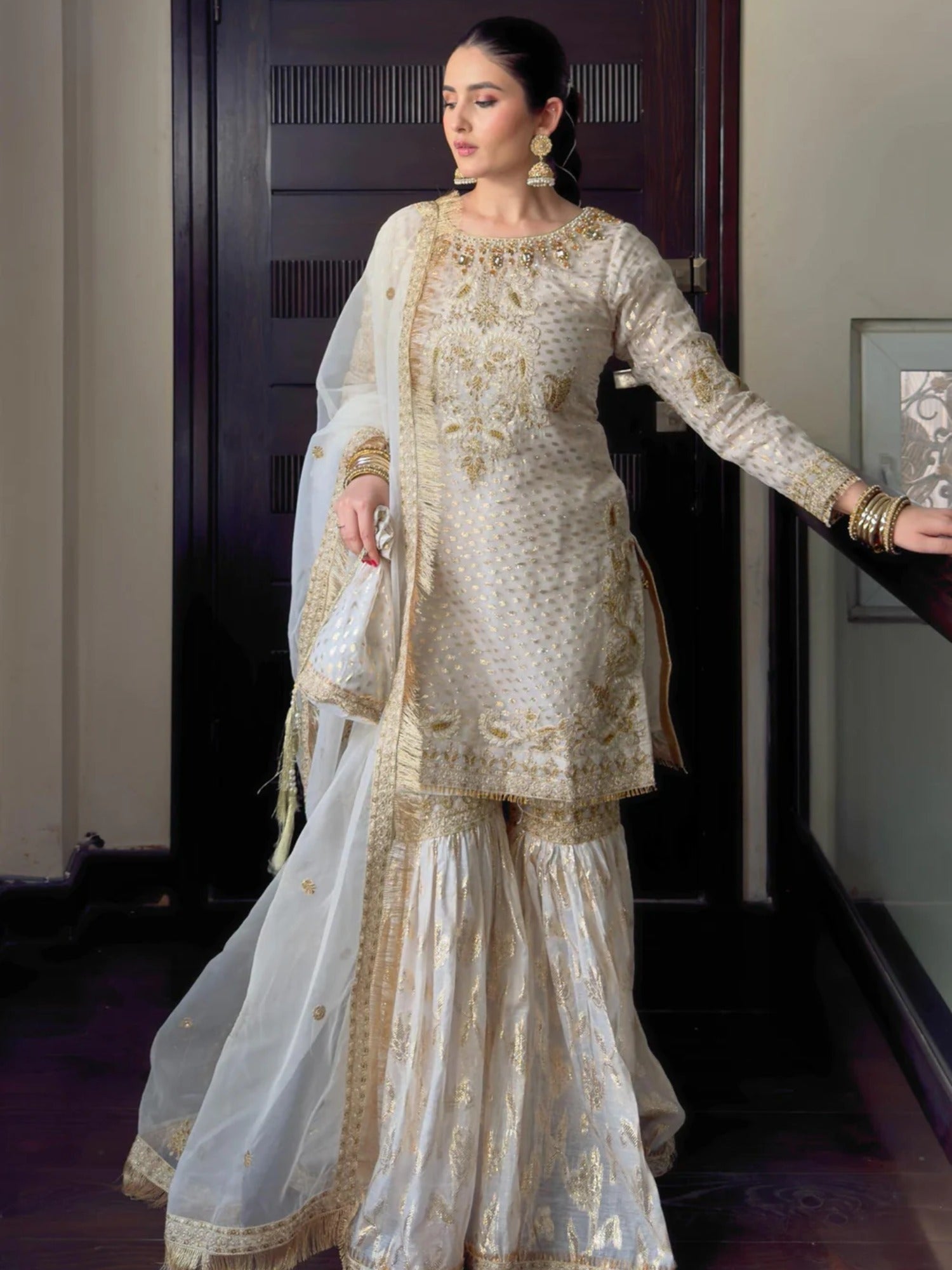 Cream Sara Jahan Organza Embellished Gharara-White Crown